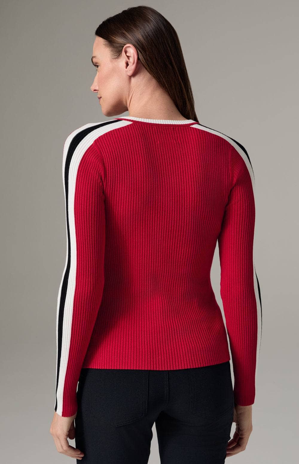 Alp N Rock Kris V Neck Sweater, Women's Red Sweater with White Stripe at the Neckline and Down the Arms