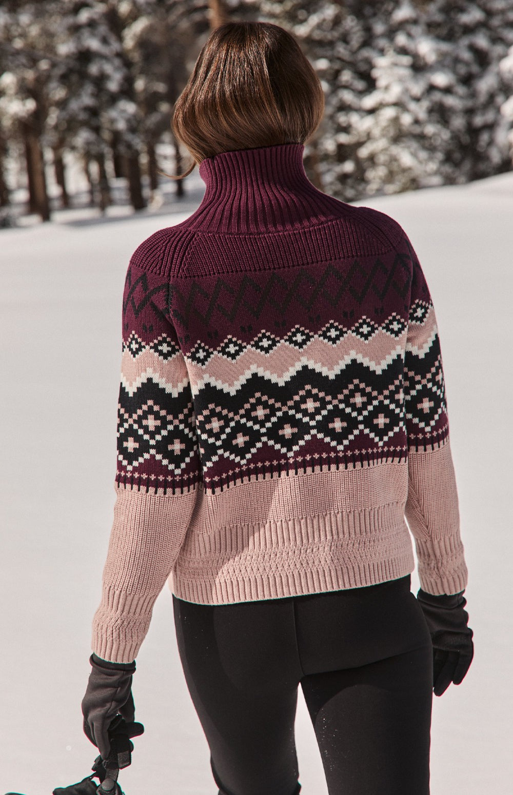 Alp N Rock Leighton Sweater, burgundy Fair Isle mock neck ski sweater for women