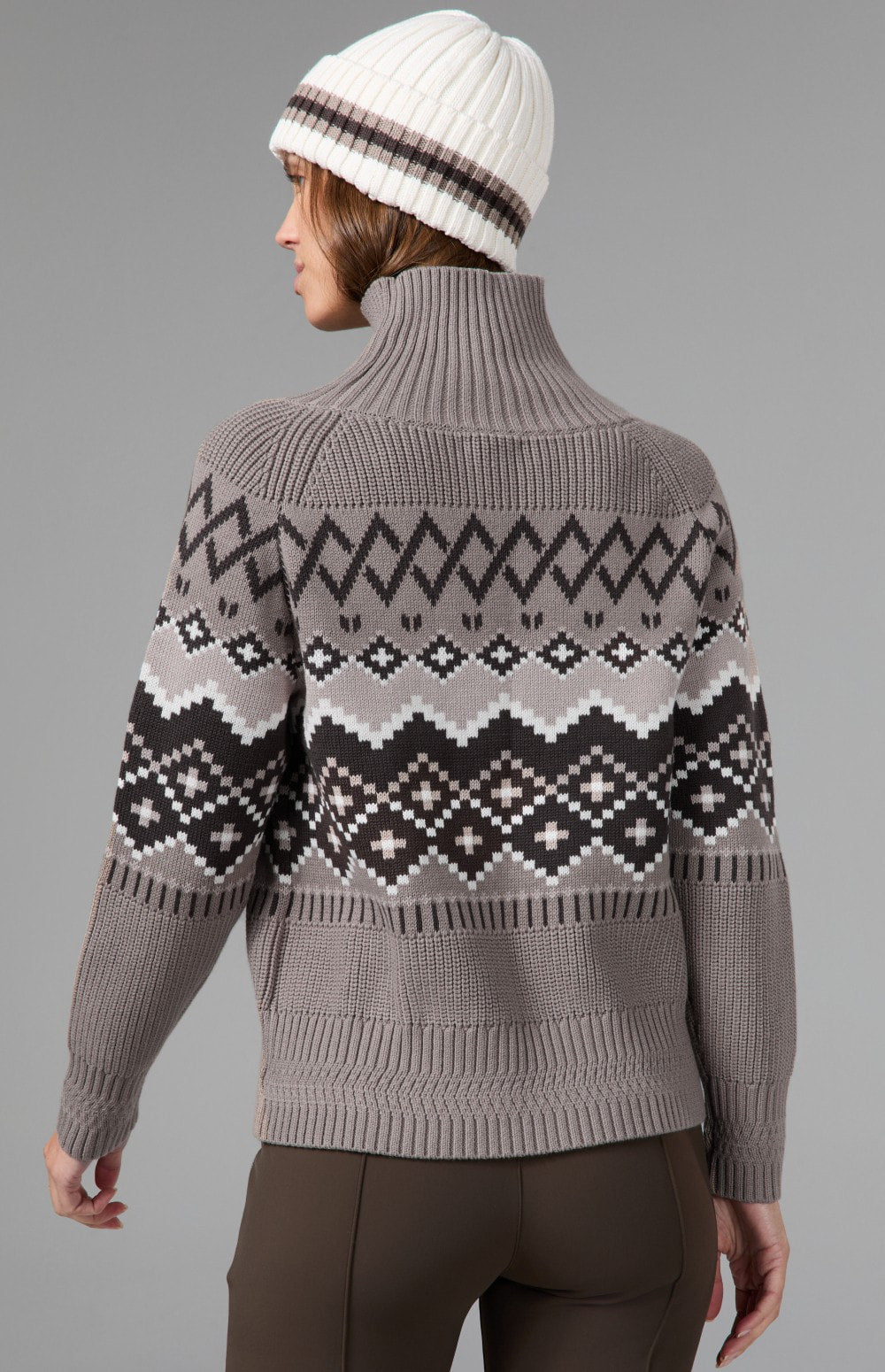 Alp N Rock Leighton Sweater, taupe and dark brown Fair Isle mock neck ski sweater for women