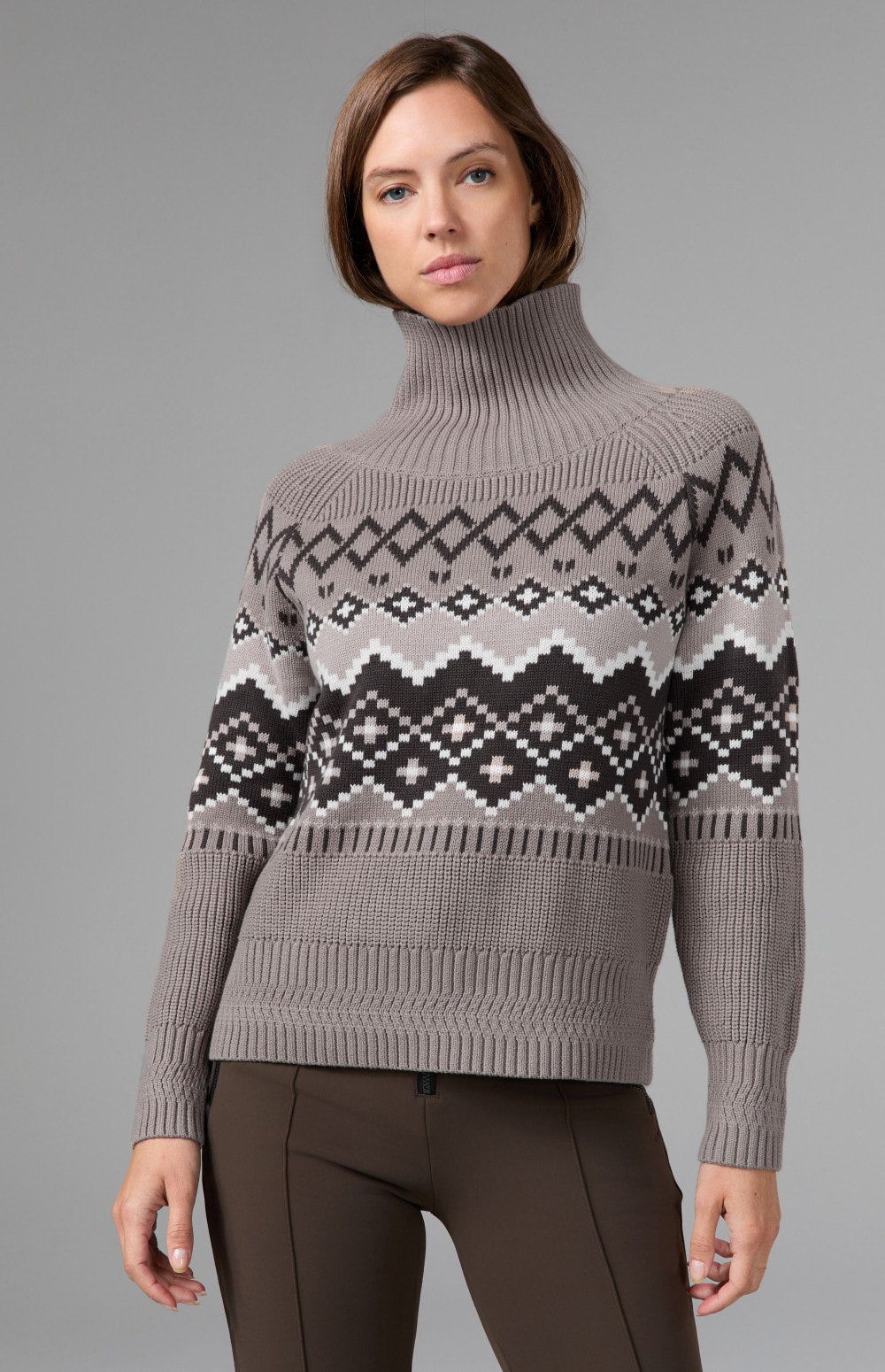 Alp N Rock Leighton Sweater, taupe and dark brown Fair Isle mock neck ski sweater for women