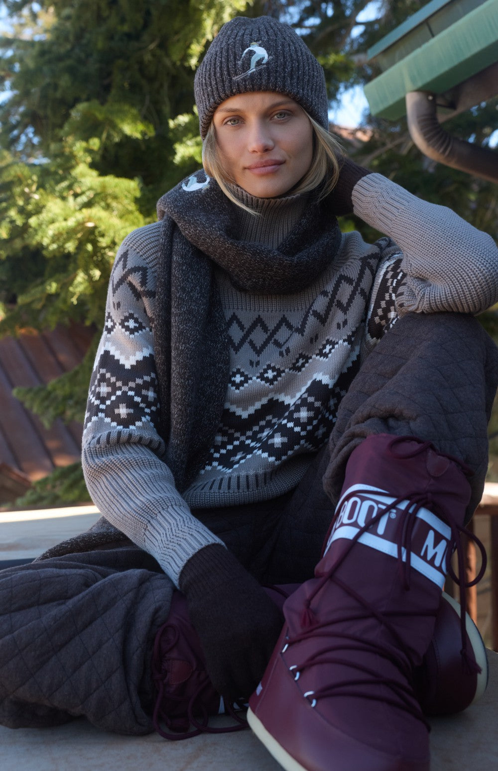 Alp N Rock Leighton Sweater, taupe and dark brown Fair Isle mock neck ski sweater for women