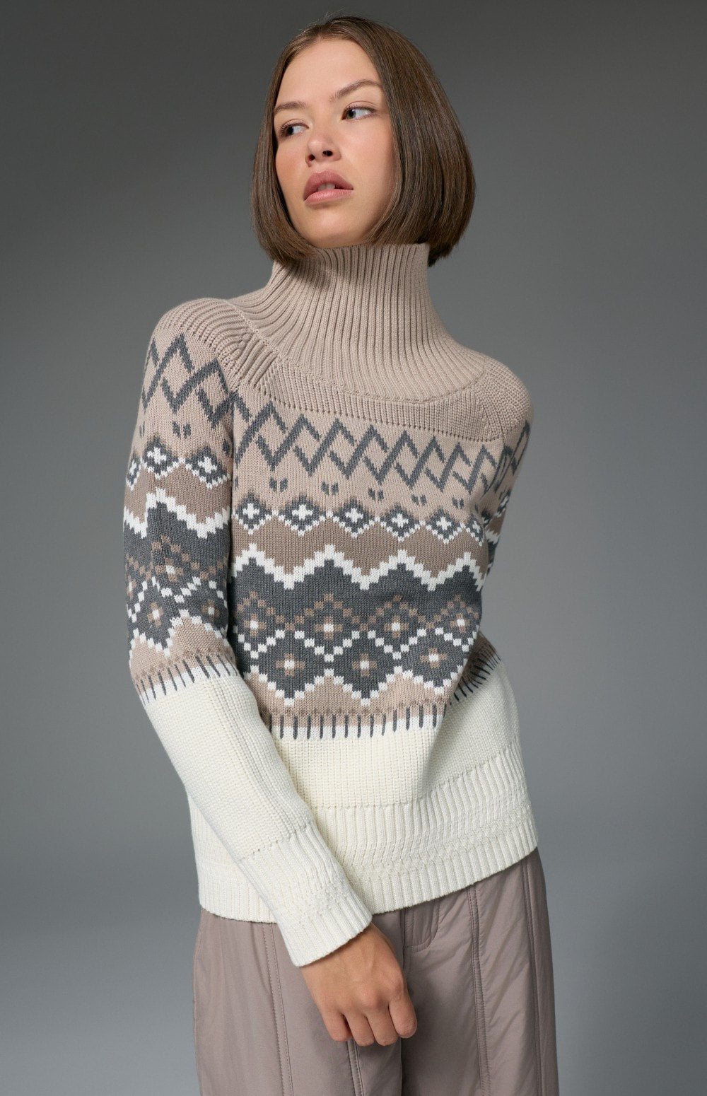 Alp N Rock Leighton Sweater, taupe and heather grey Fair Isle mock neck ski sweater for women