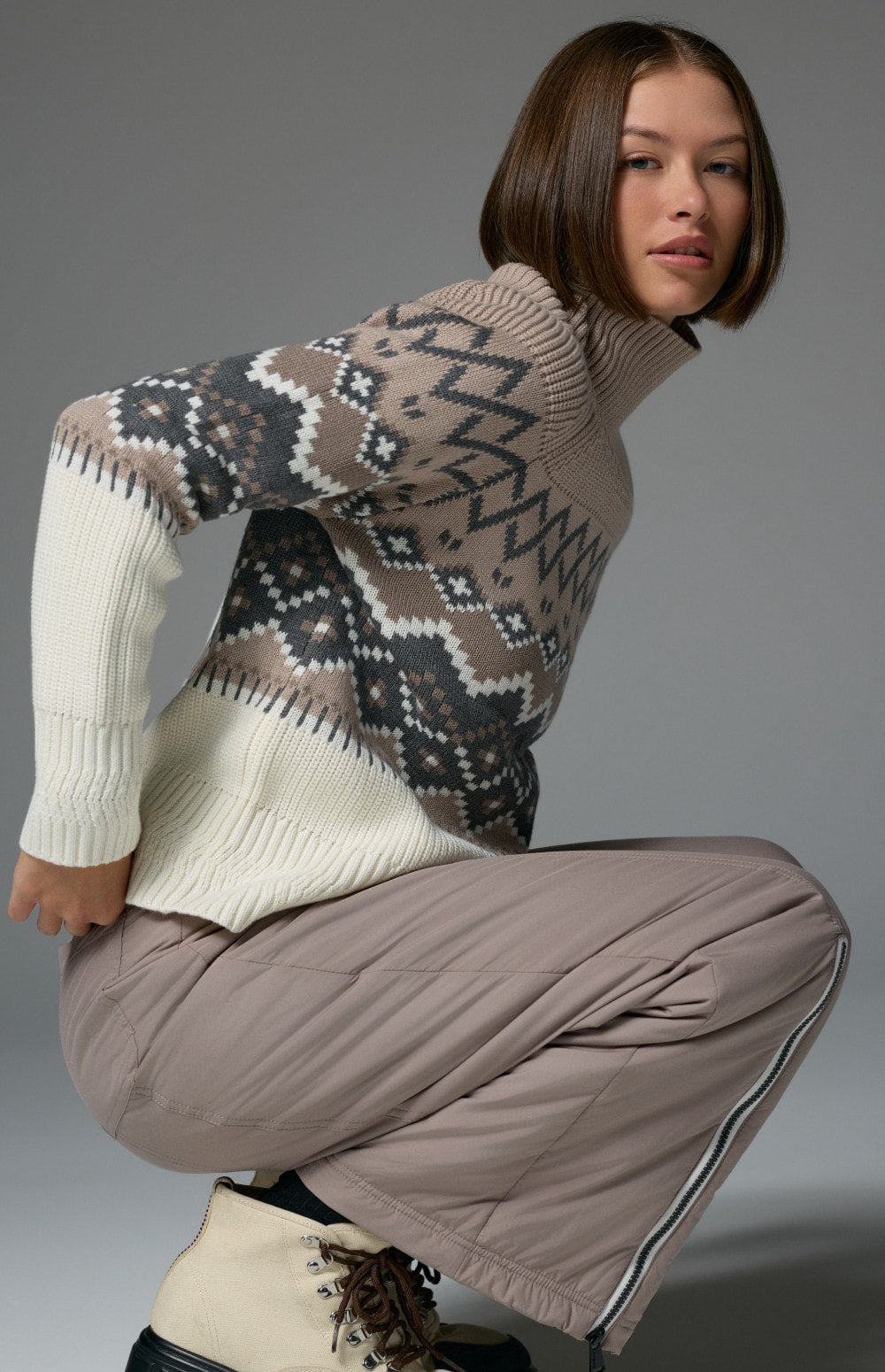 Alp N Rock Leighton Sweater, taupe and heather grey Fair Isle mock neck ski sweater for women