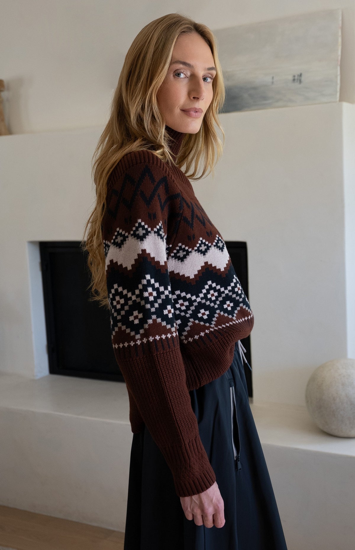 Alp N Rock Leighton Mock Neck Ski Sweater, dark red fair isle patterned ski sweater for women