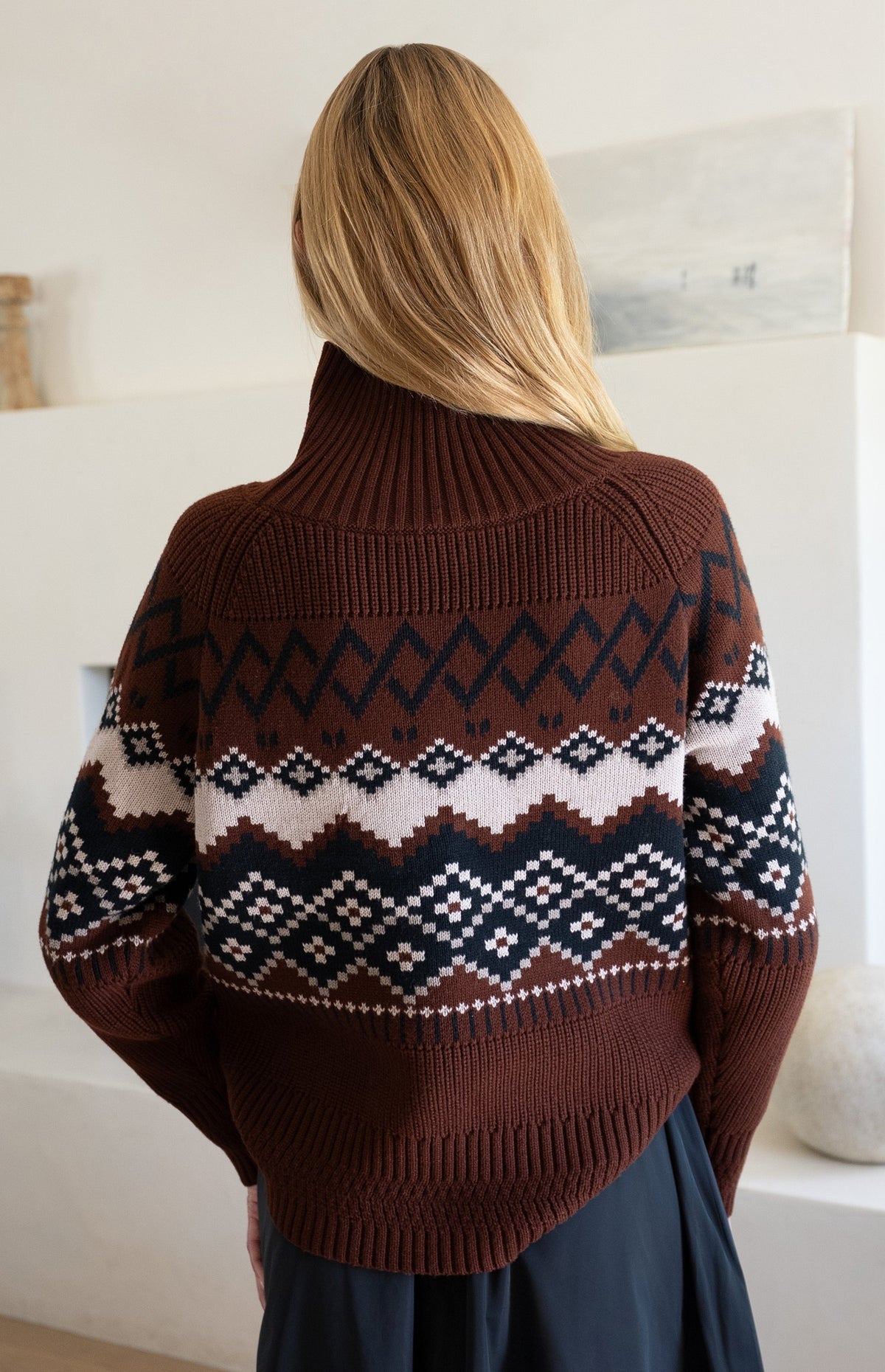 Alp N Rock Leighton Mock Neck Ski Sweater, dark red fair isle patterned ski sweater for women