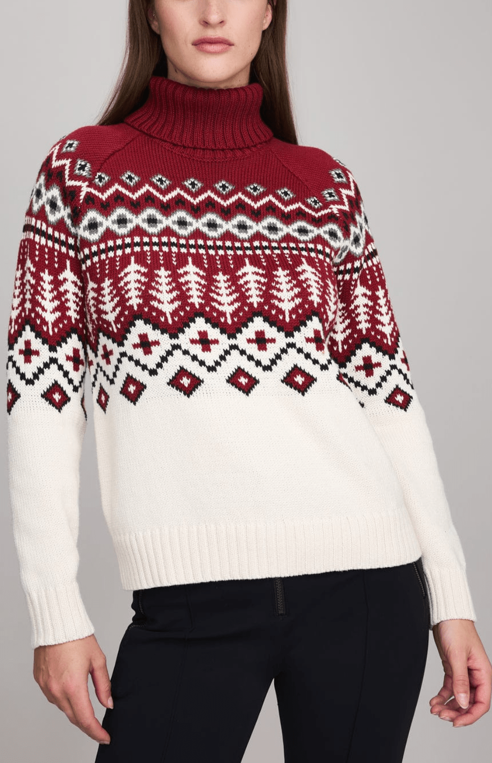 Alp N Rock Logan Fair Isle Sweater, Women's Red and Ivory Turtleneck Ski Sweater