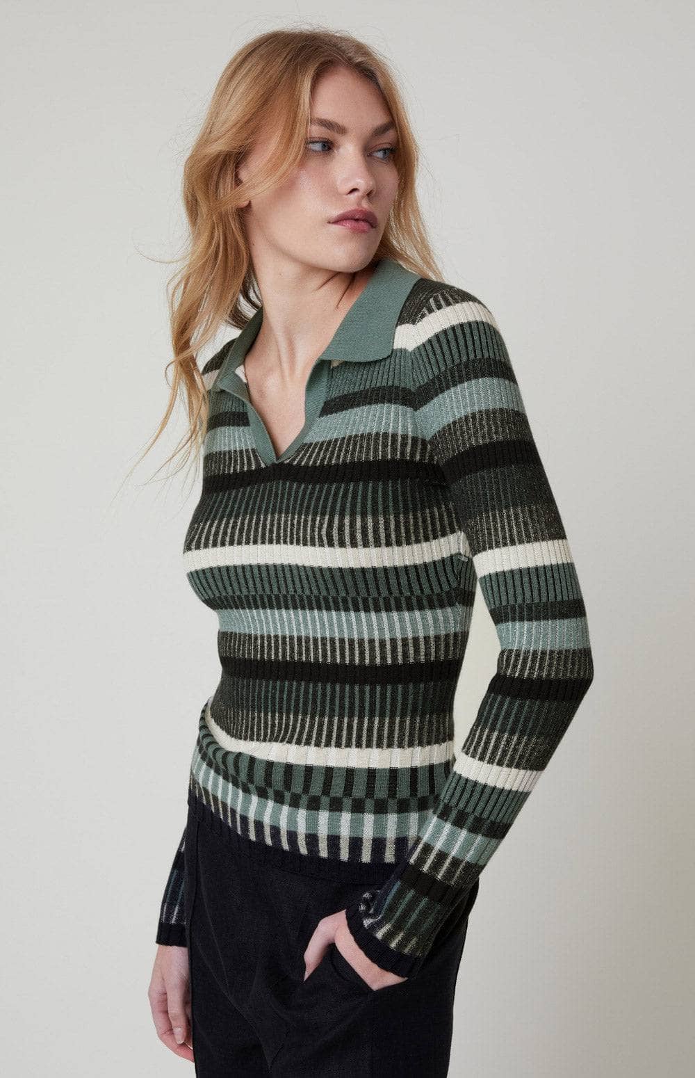 Luisa Polo Sweater by Alp N Rock, Women's Long Sleeve Stripe Polo Sweater with Green and Black Stripes