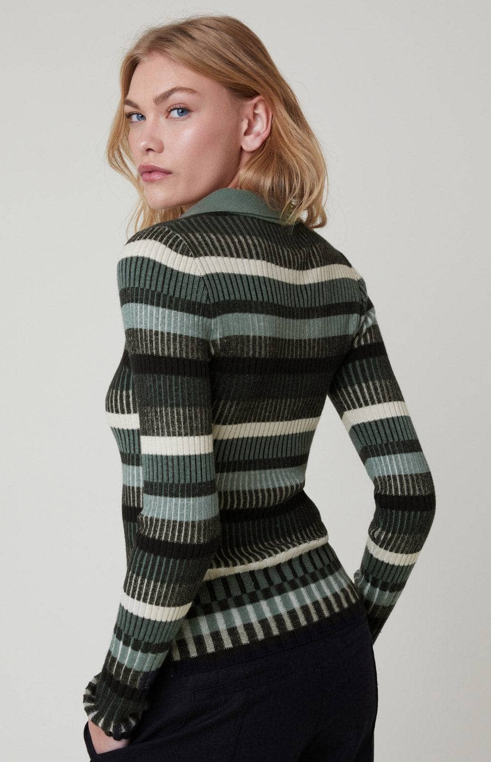 Luisa Polo Sweater by Alp N Rock, Women's Long Sleeve Stripe Polo Sweater with Green and Black Stripes