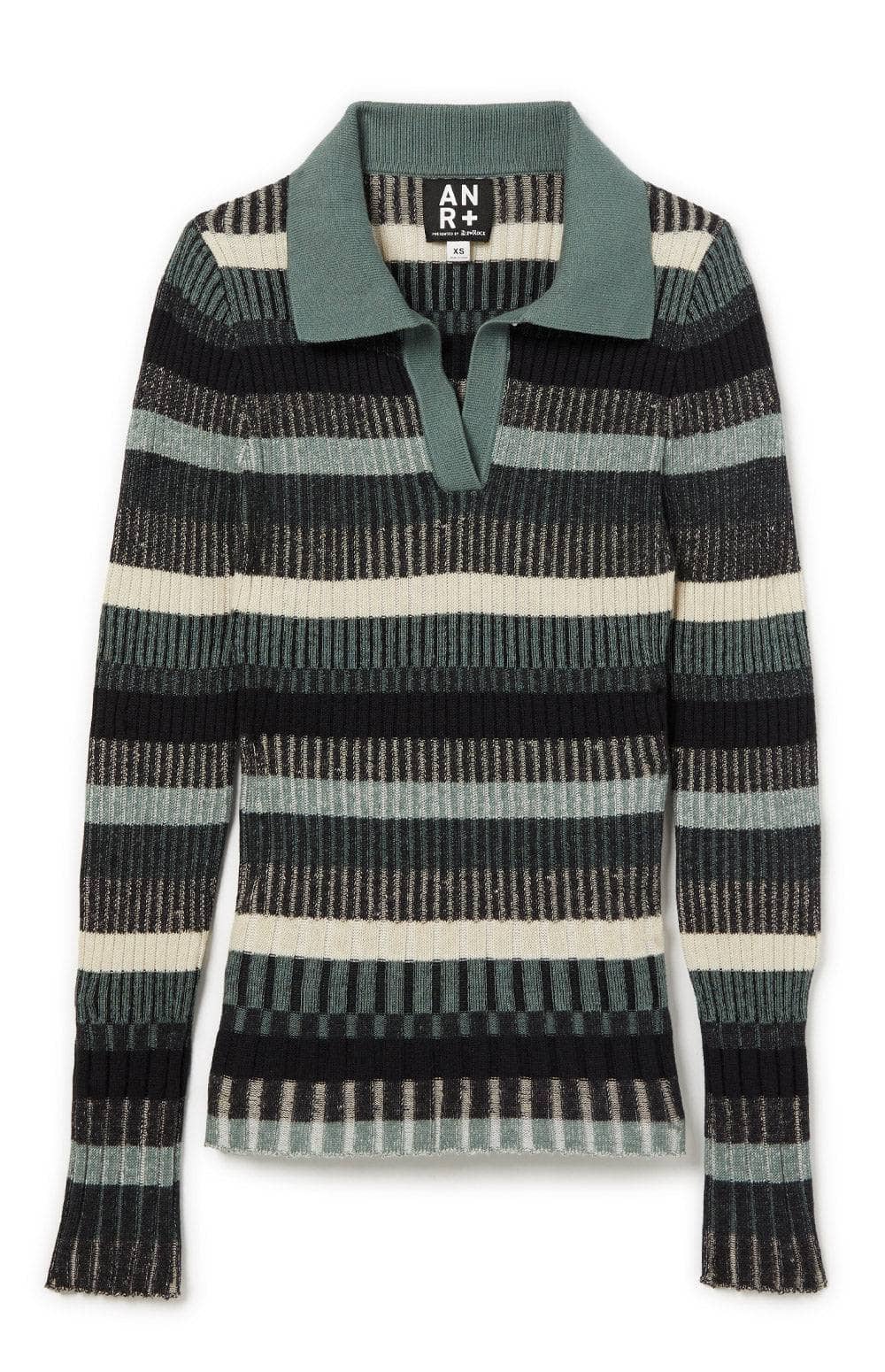 Luisa Polo Sweater by Alp N Rock, Women's Long Sleeve Stripe Polo Sweater with Green and Black Stripes