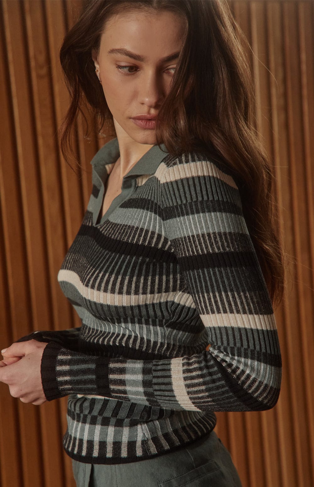 Luisa Polo Sweater by Alp N Rock, Women's Long Sleeve Ribbed Sweater with Green, Beige, and Black Stripes