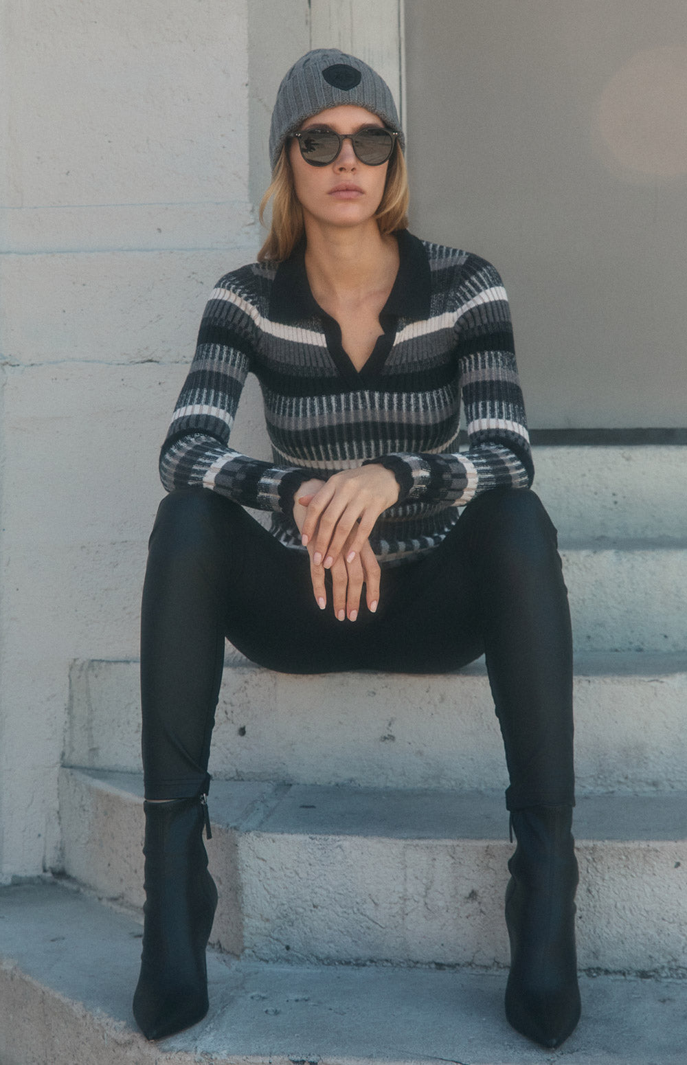 Alp N Rock Luisa Polo Sweater, black tonal striped ribbed knit polo sweater for women