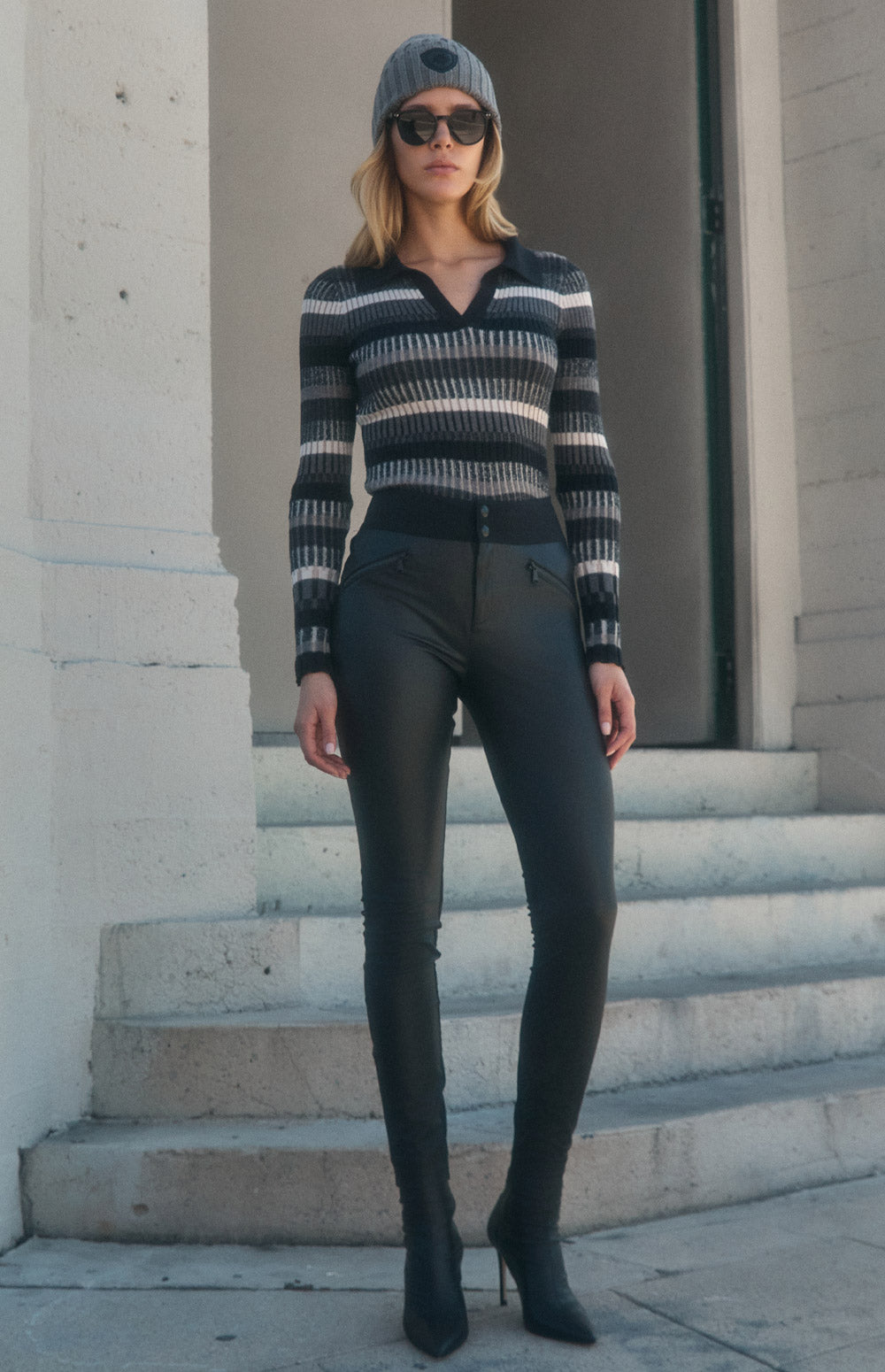 Alp N Rock Luisa Polo Sweater, black tonal striped ribbed knit polo sweater for women