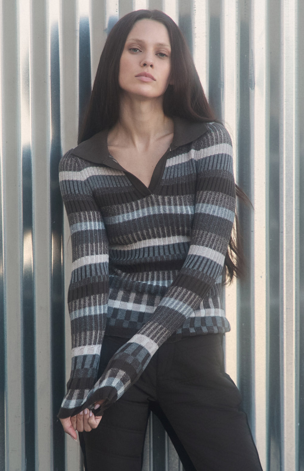 Alp N Rock Luisa Polo Sweater, dark brown tonal striped ribbed knit polo sweater for women