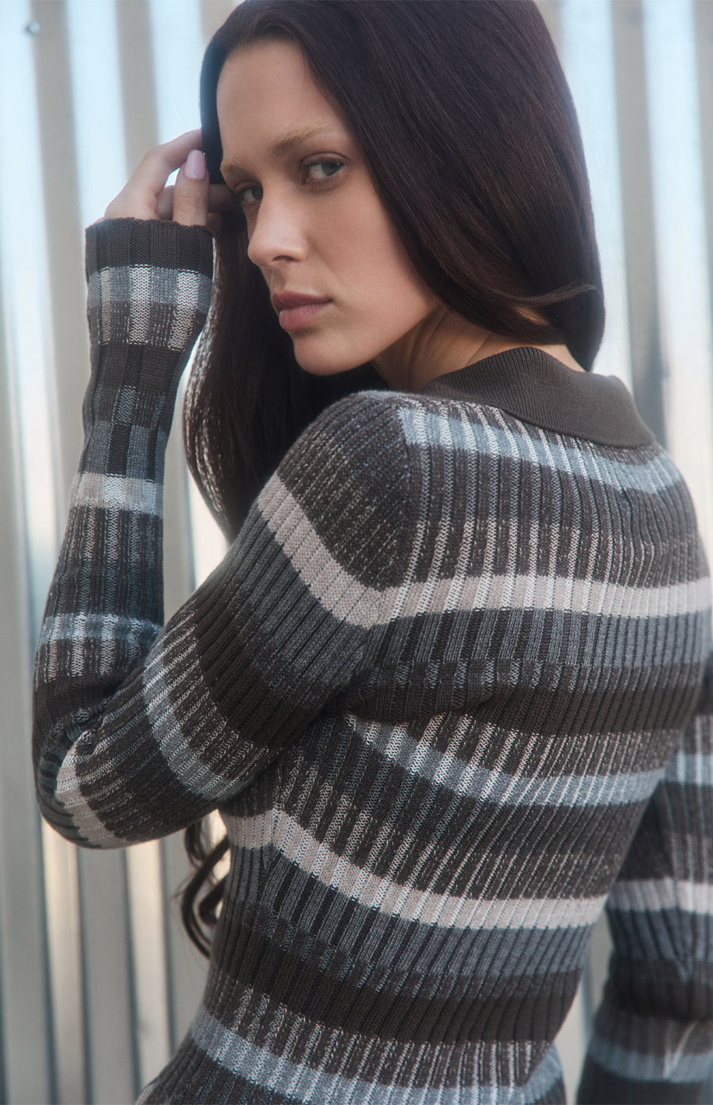 Alp N Rock Luisa Polo Sweater, dark brown tonal striped ribbed knit polo sweater for women