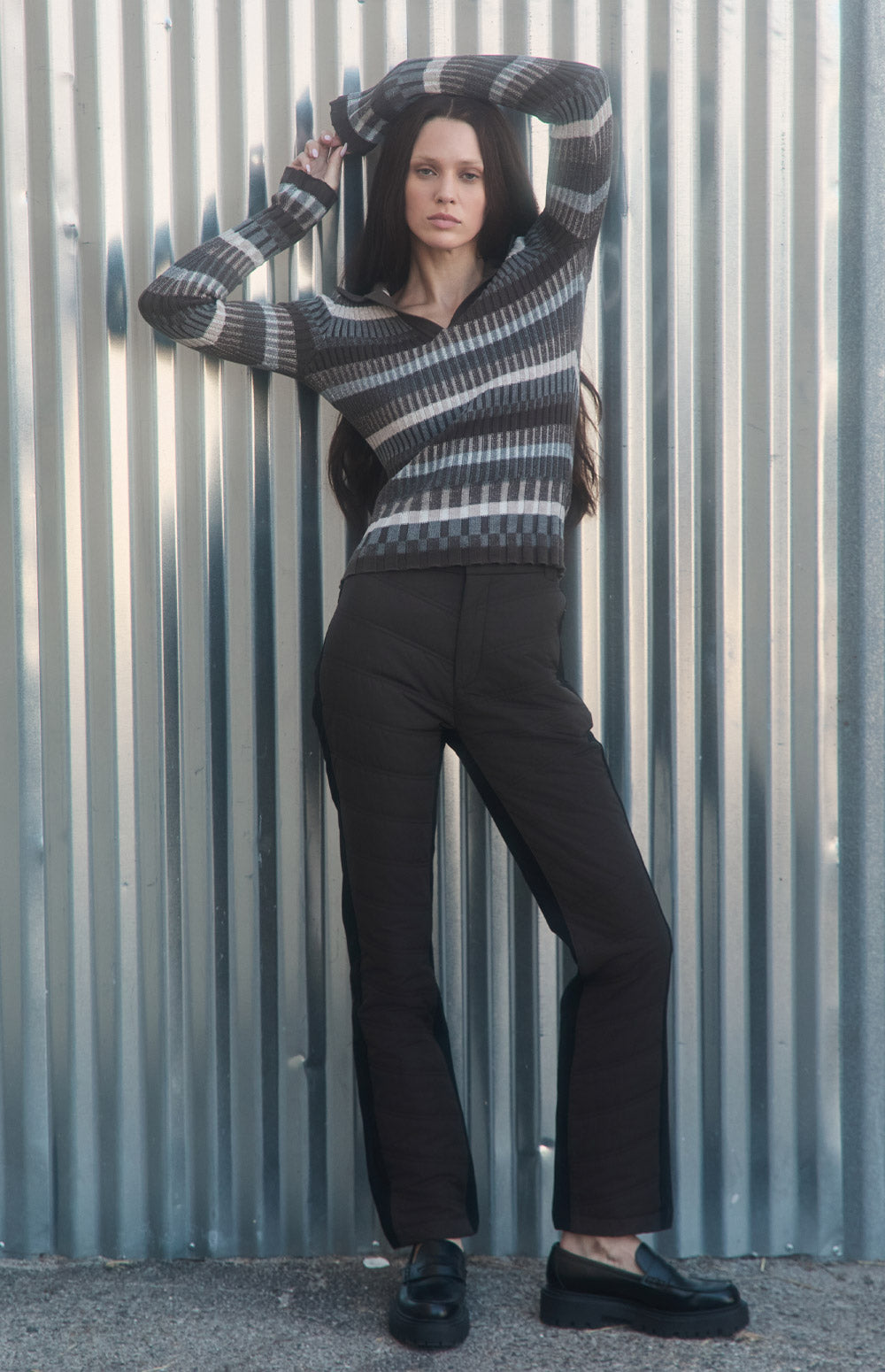 Alp N Rock Luisa Polo Sweater, dark brown tonal striped ribbed knit polo sweater for women