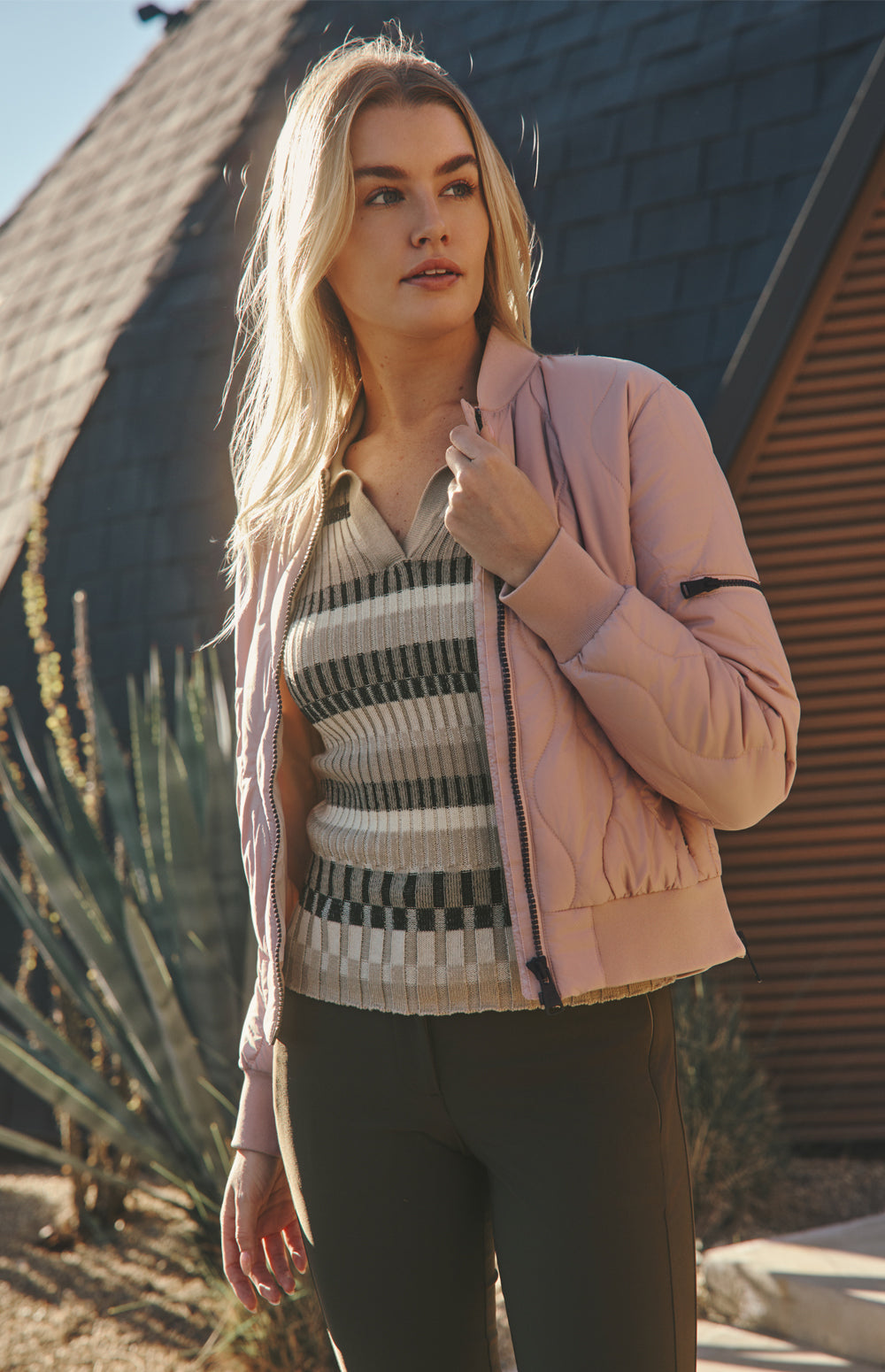 Alp N Rock Luisa Sweater, beige striped ribbed knit polo sweater for women