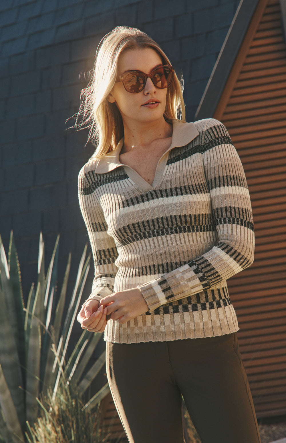 Alp N Rock Luisa Sweater, beige striped ribbed knit polo sweater for women