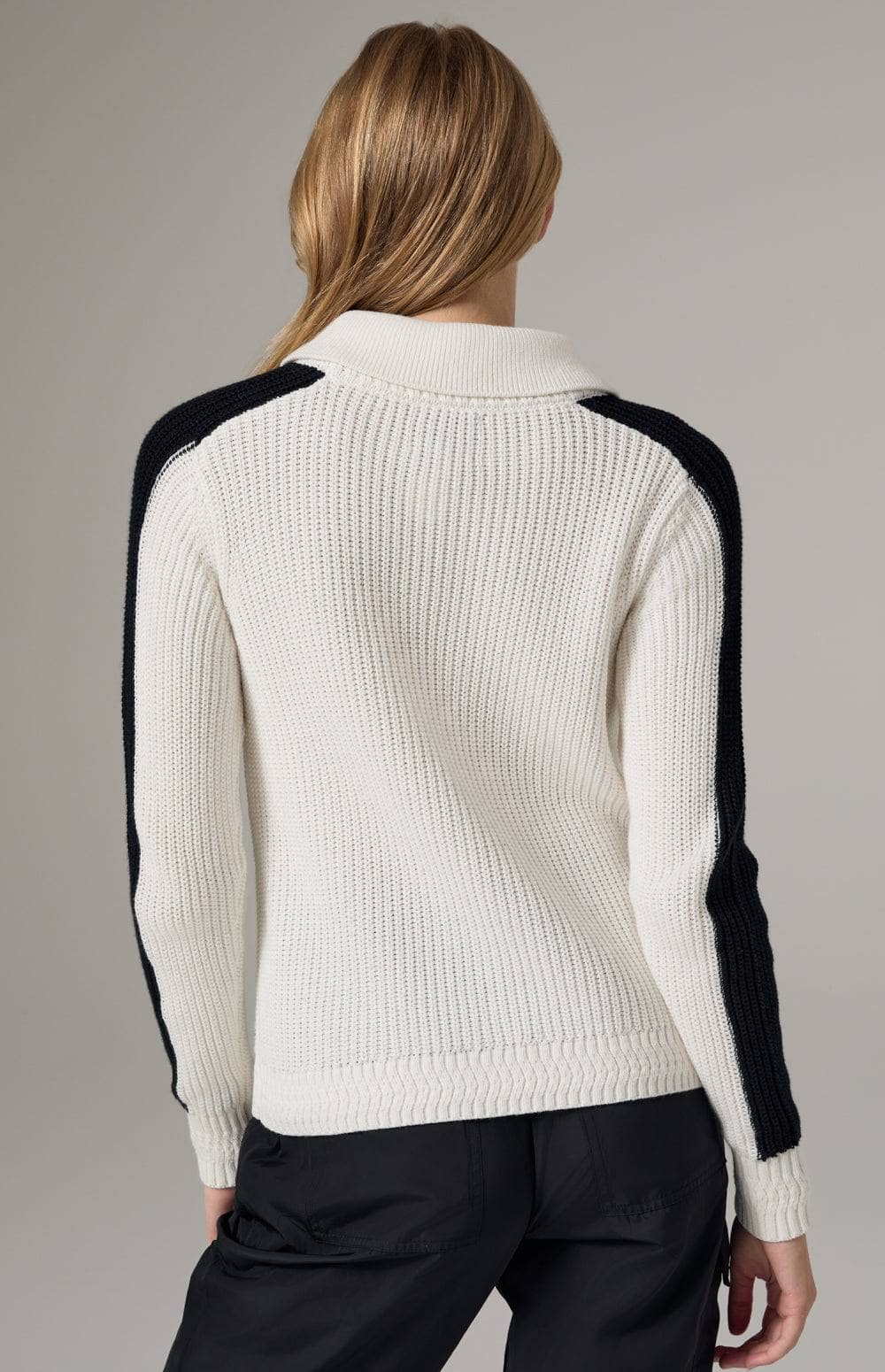 Alp N Rock Maeve Sweater, Women's White Sweater with Crew Neck and Attached Collar and Black Stripe Down the Sleeve
