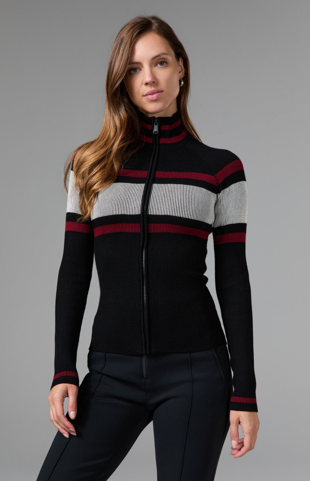 Alp N Rock Maia Full Zip Stripe Sweater, black full zip striped sweater for women