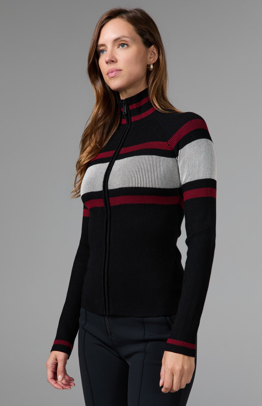 Alp N Rock Maia Full Zip Stripe Sweater, black full zip striped sweater for women