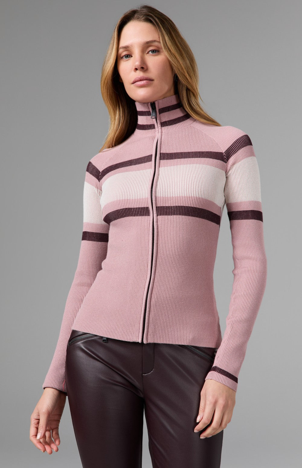 Alp N Rock Maia Full Zip Stripe Sweater, light pink full zip striped sweater for women