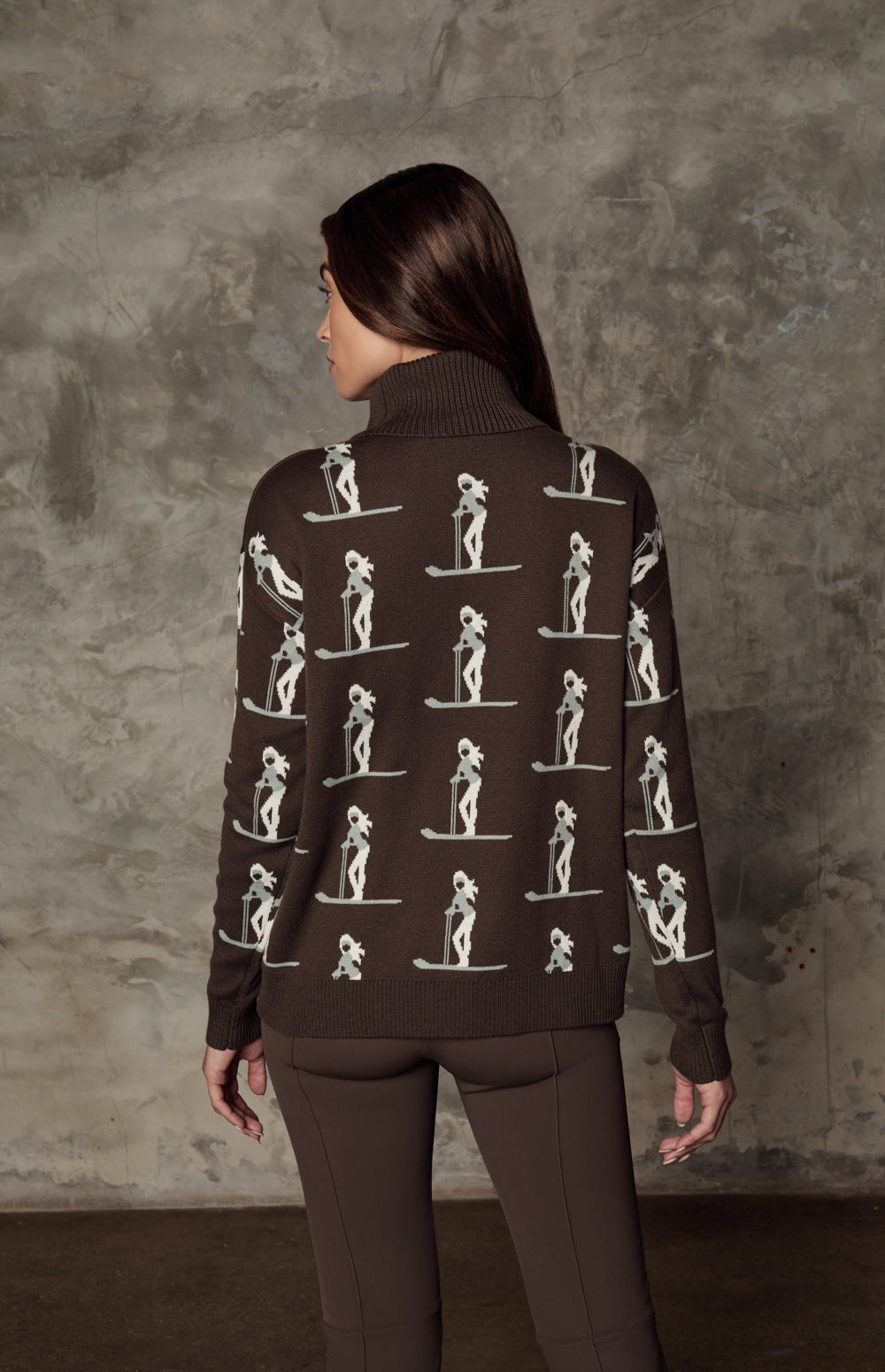 Alp N Rock Nala Sweater, dark brown turtleneck ski sweater for women with pink skier pattern all over