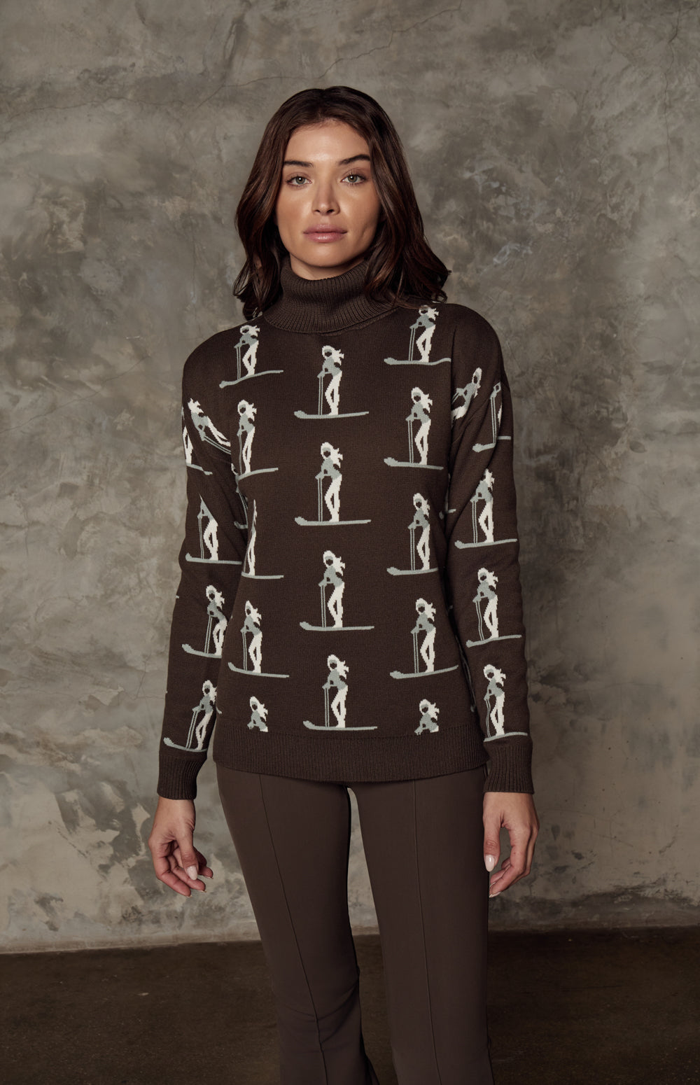 Alp N Rock Nala Sweater, dark brown turtleneck ski sweater for women with pink skier pattern all over
