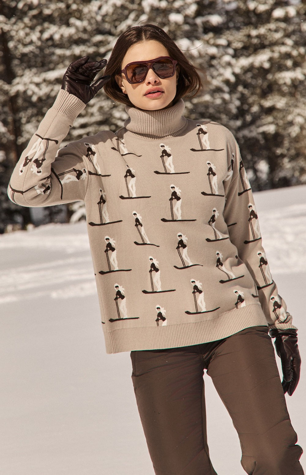 Alp N Rock Nala Sweater, beige turtleneck ski sweater for women with all over skier pattern