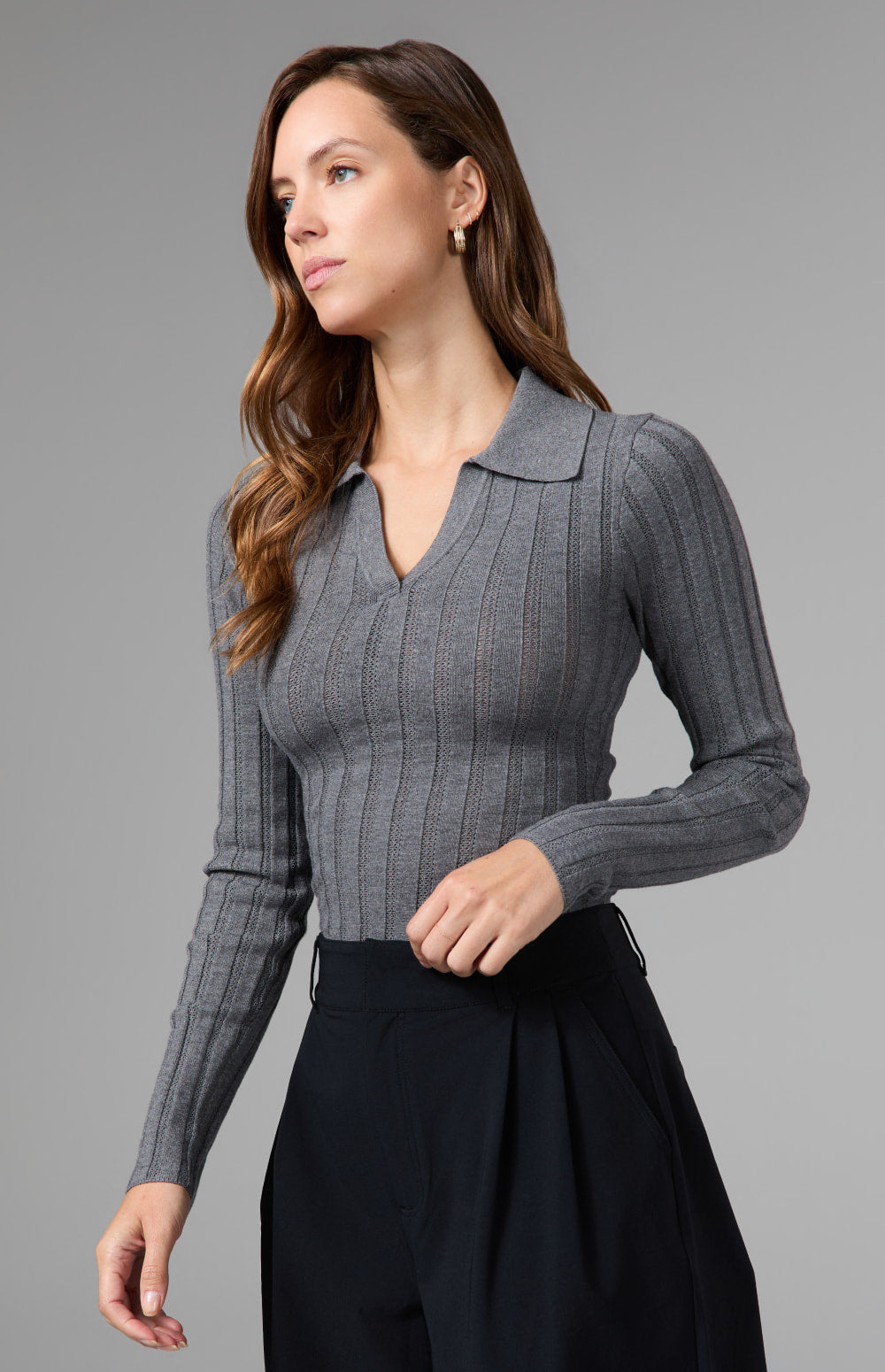 Alp N Rock Nia Pointelle Polo Sweater, heather grey longsleeve ribbed polo sweater for women