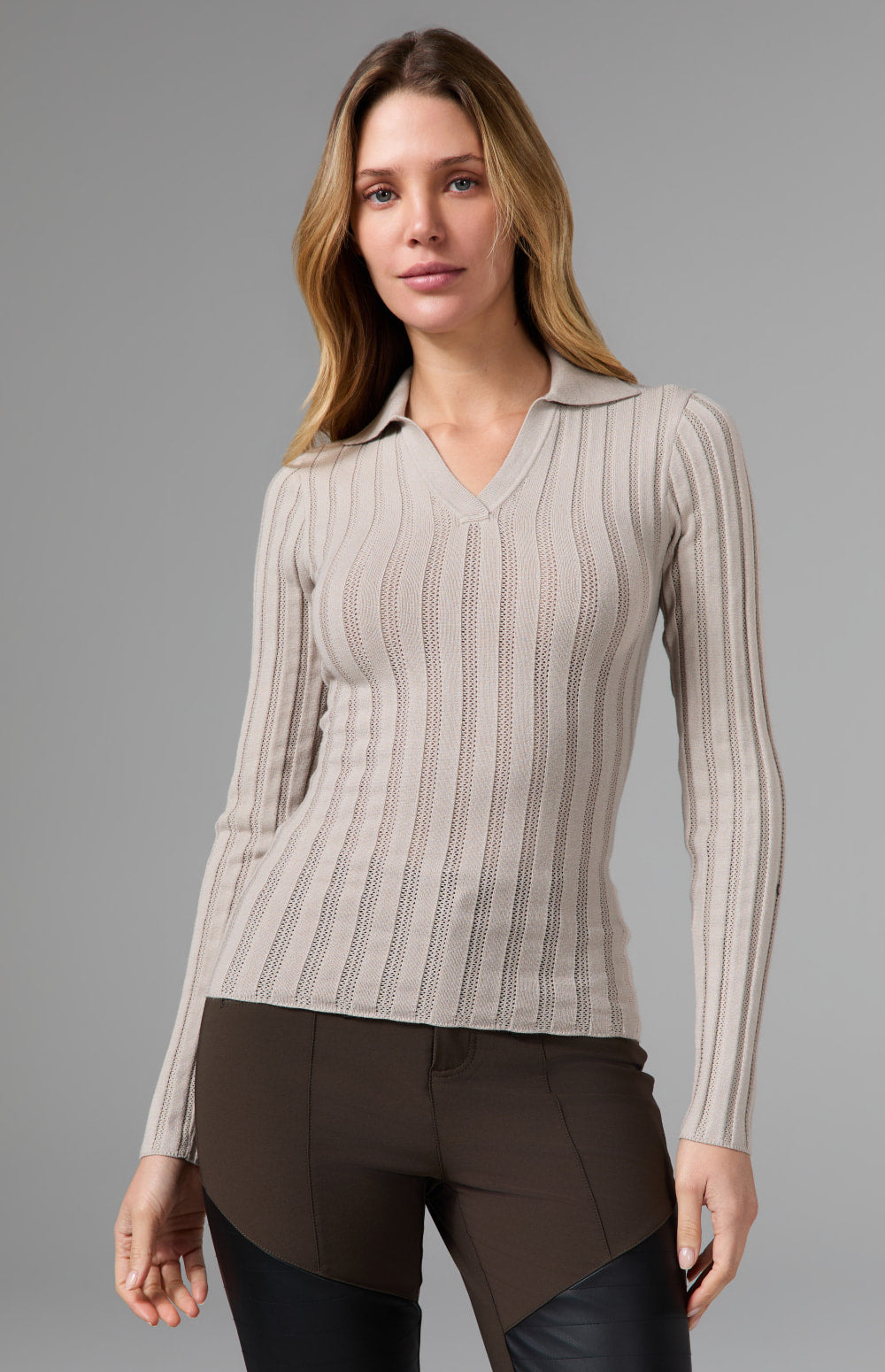 Alp N Rock Nia Pointelle Polo Sweater, beige longsleeve ribbed polo sweater for women
