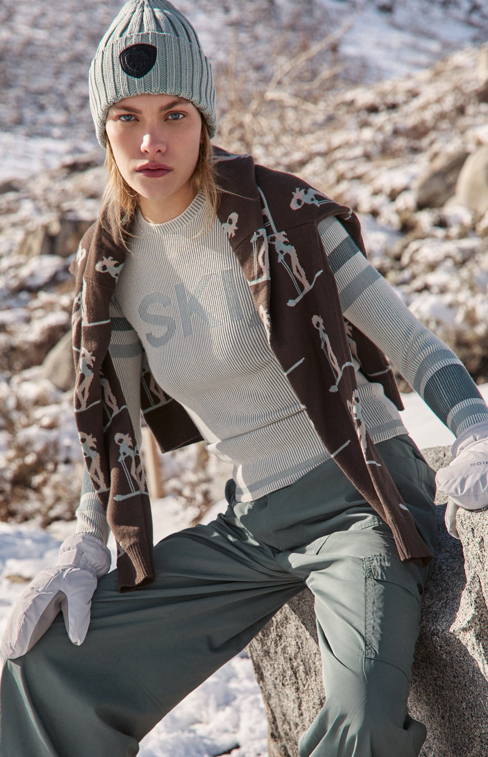 Alp N Rock Nova Ski Sweater, ivory ribbed crewneck ski sweater for women with striped sleeves and ski lettering