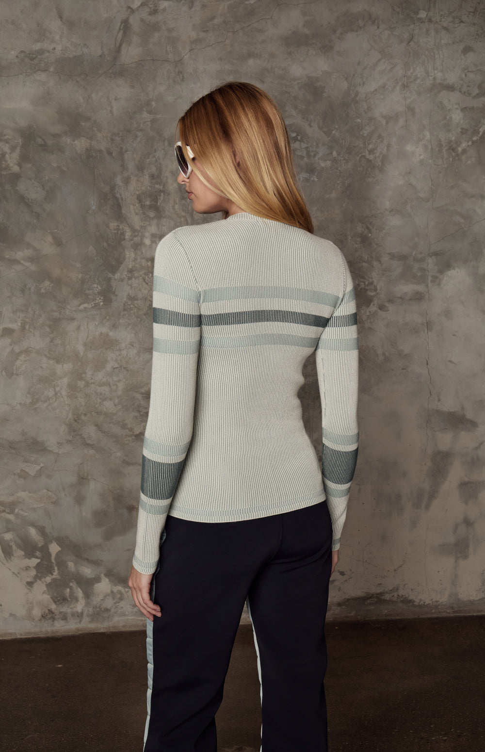 Alp N Rock Nova Ski Sweater, ivory ribbed crewneck ski sweater for women with striped sleeves and ski lettering