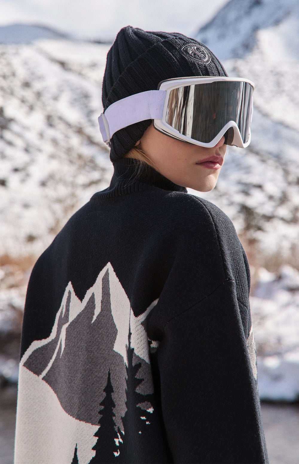 Alp N Rock Portia Sweater, black mock neck ski sweater for women with mountain scene