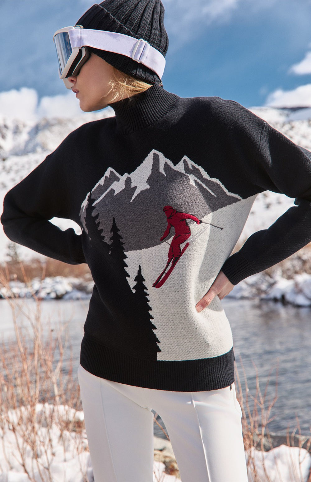 Alp N Rock Portia Sweater, black mock neck ski sweater for women with mountain scene