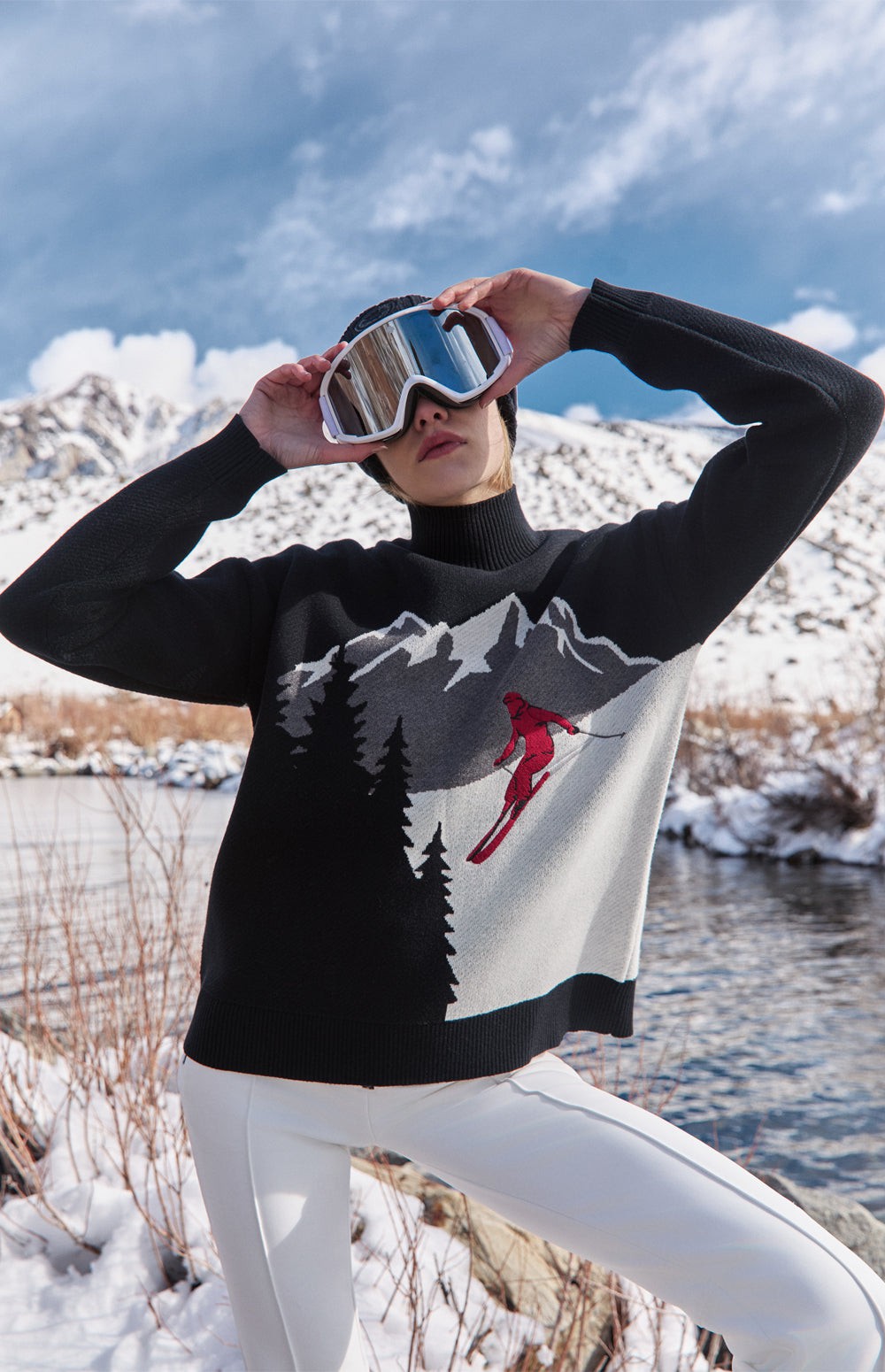 Alp N Rock Portia Sweater, black mock neck ski sweater for women with mountain scene