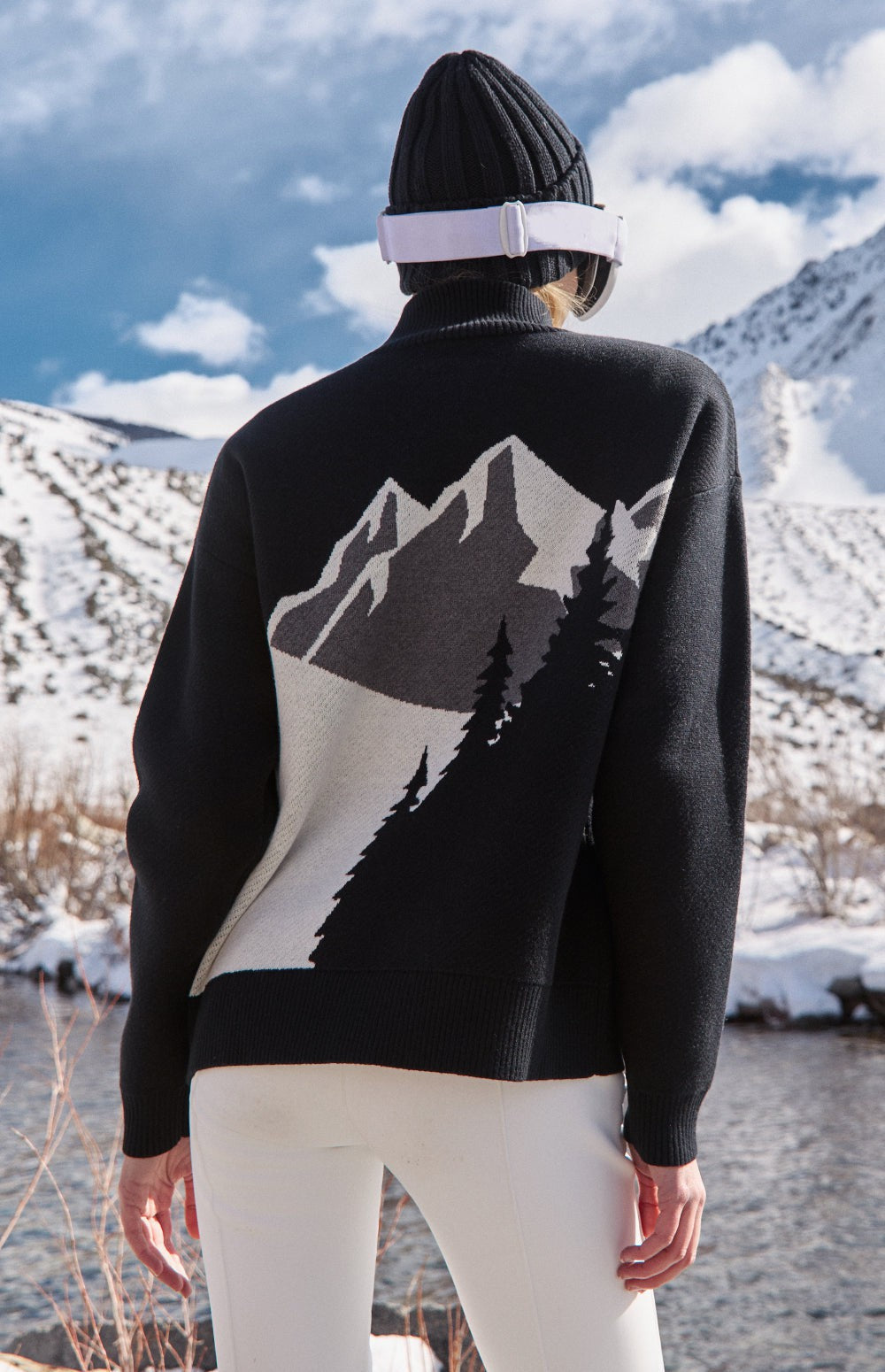 Alp N Rock Portia Sweater, black mock neck ski sweater for women with mountain scene
