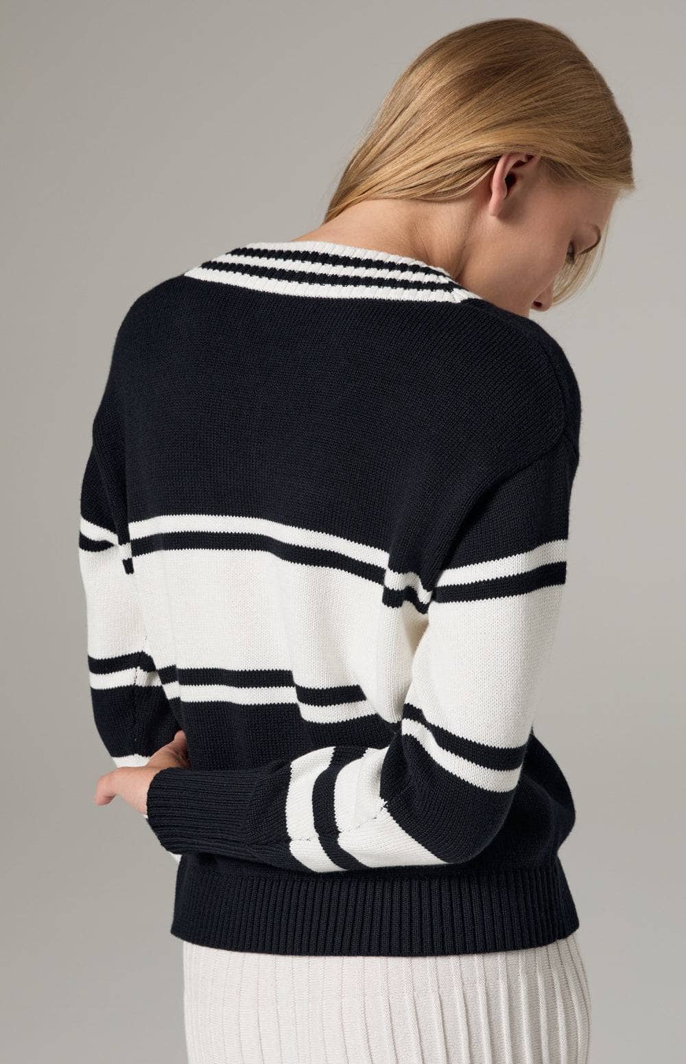Alp N Rock Raquel Sweater, Women's Preppy Black Sweater with Horizontal White Stripes