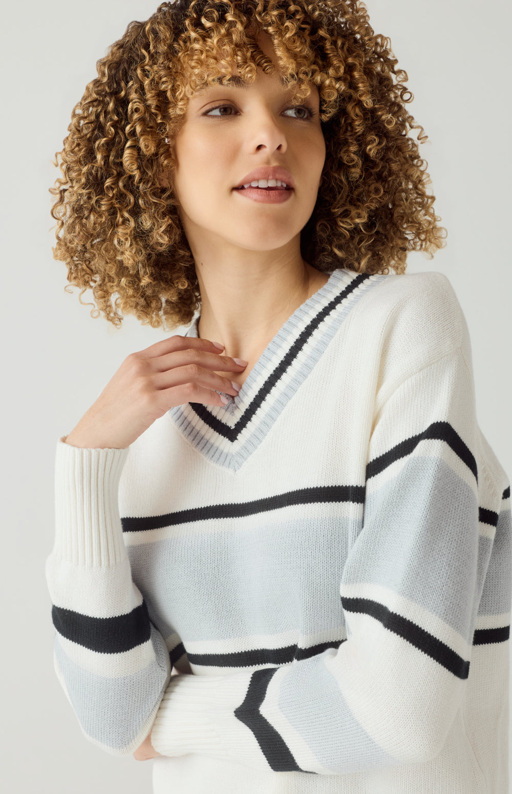 Alp N Rock Raquel Sweater, white, blue, and black v neck stripe sweater for women