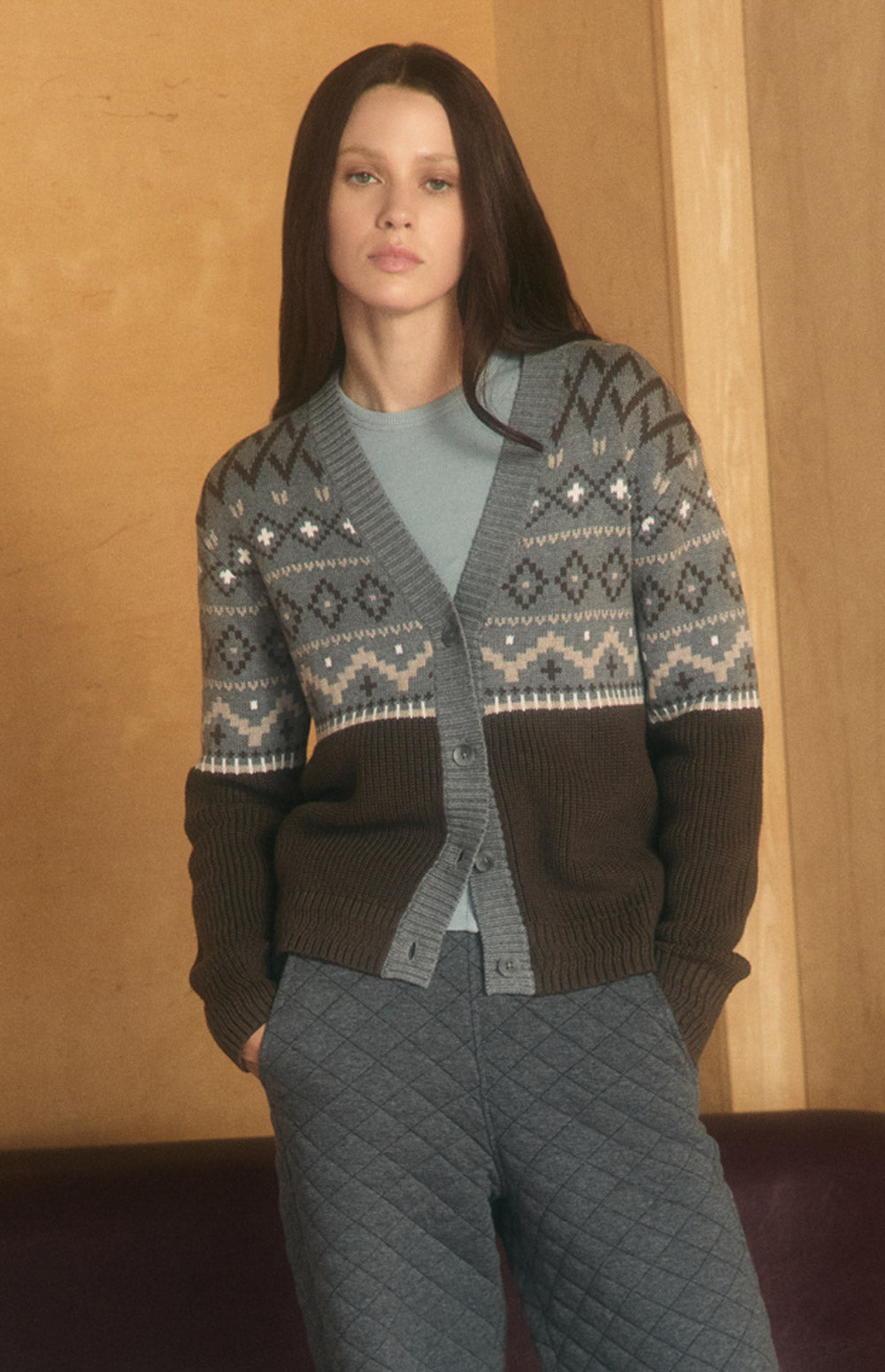 Alp N Rock Scarlette Cardigan, heather grey button front Fair Isle cardigan for women
