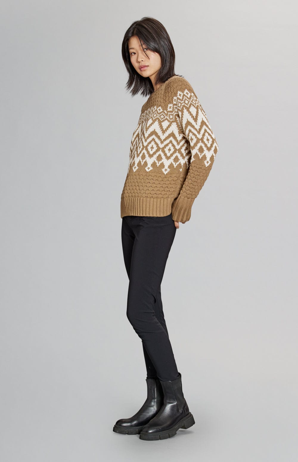 Selena Crew Neck Sweater by Alp N Rock, Women's Khaki Sweater with White Fair Isle Pattern