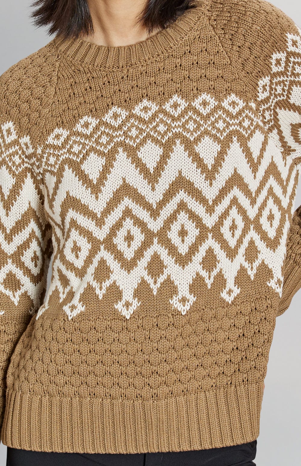 Selena Crew Neck Sweater by Alp N Rock, Women's Khaki Sweater with White Fair Isle Pattern