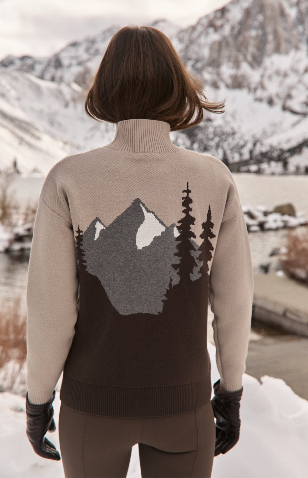 Alp N Rock Simran Sweater, beige mock neck ski sweater for women with mountain scene on the front