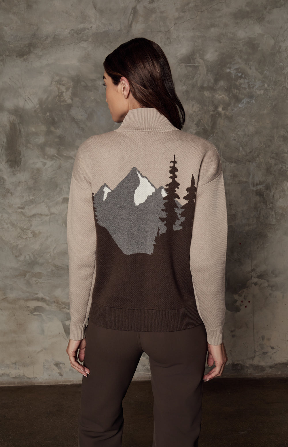 Alp N Rock Simran Sweater, beige mock neck ski sweater for women with mountain scene on the front