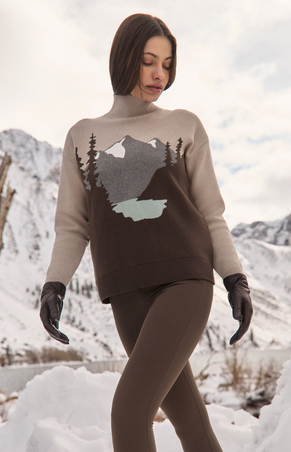 Alp N Rock Simran Sweater, beige mock neck ski sweater for women with mountain scene on the front