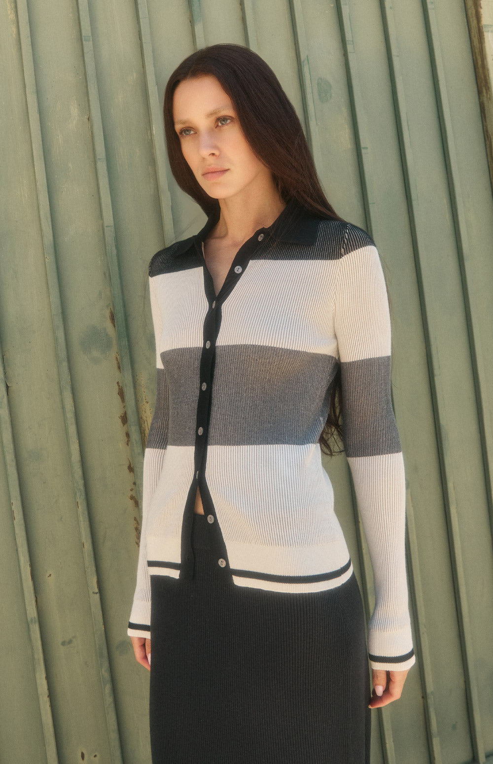 Alp N Rock Suzi Polo Cardigan, black tonal stripe ribbed knit cardigan for women with collar and button front