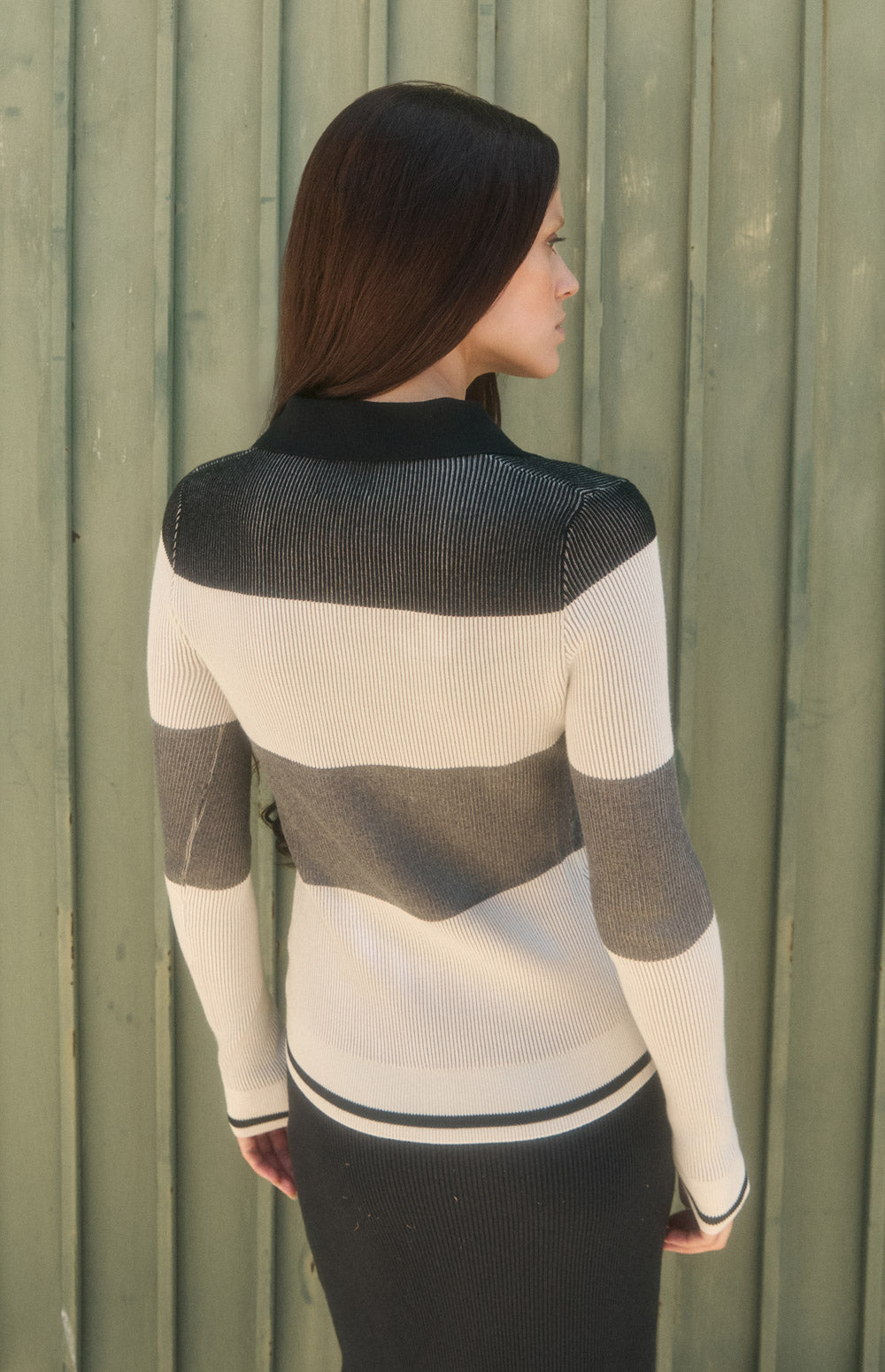 Alp N Rock Suzi Polo Cardigan, black tonal stripe ribbed knit cardigan for women with collar and button front