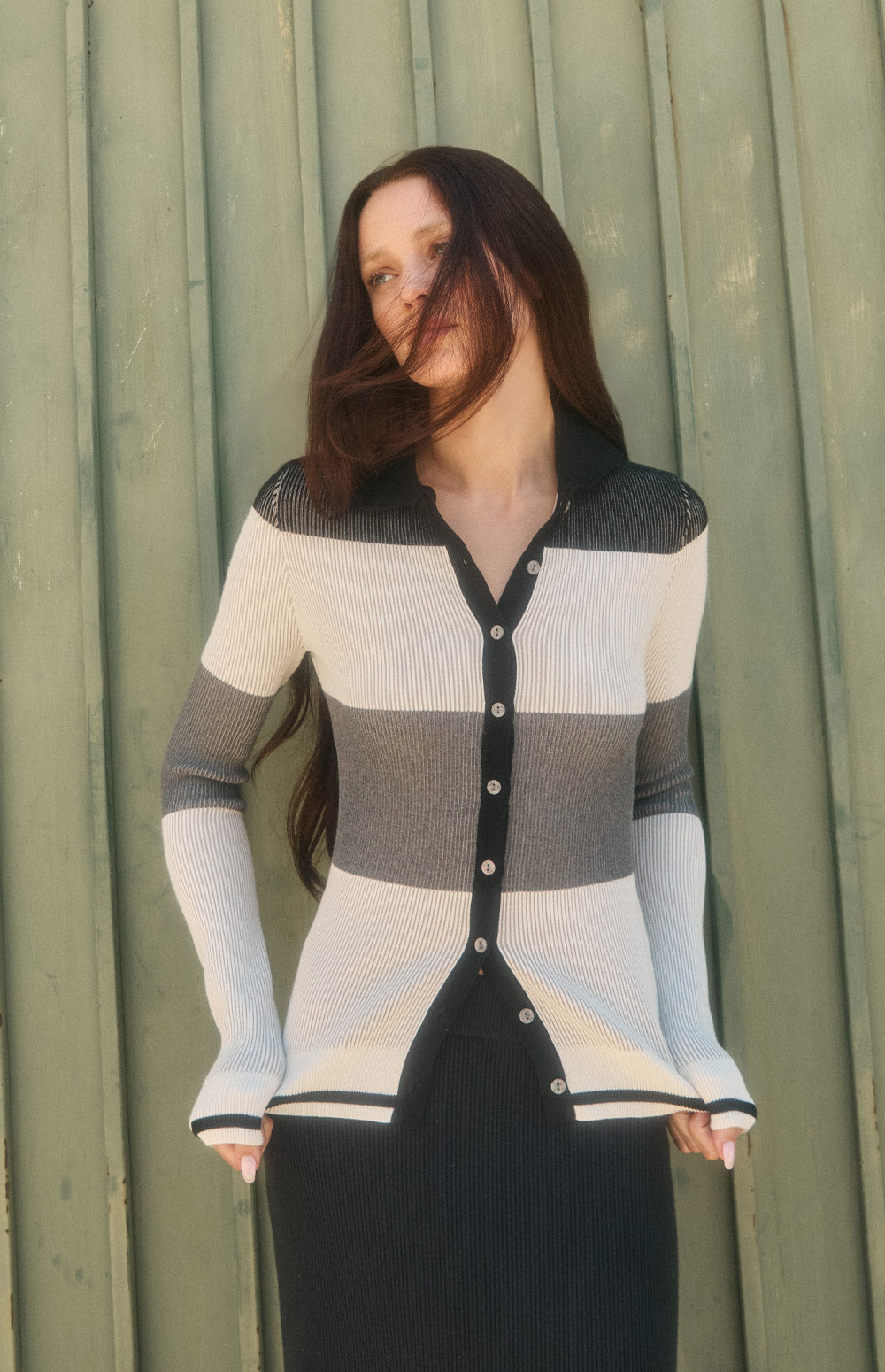 Alp N Rock Suzi Polo Cardigan, black tonal stripe ribbed knit cardigan for women with collar and button front