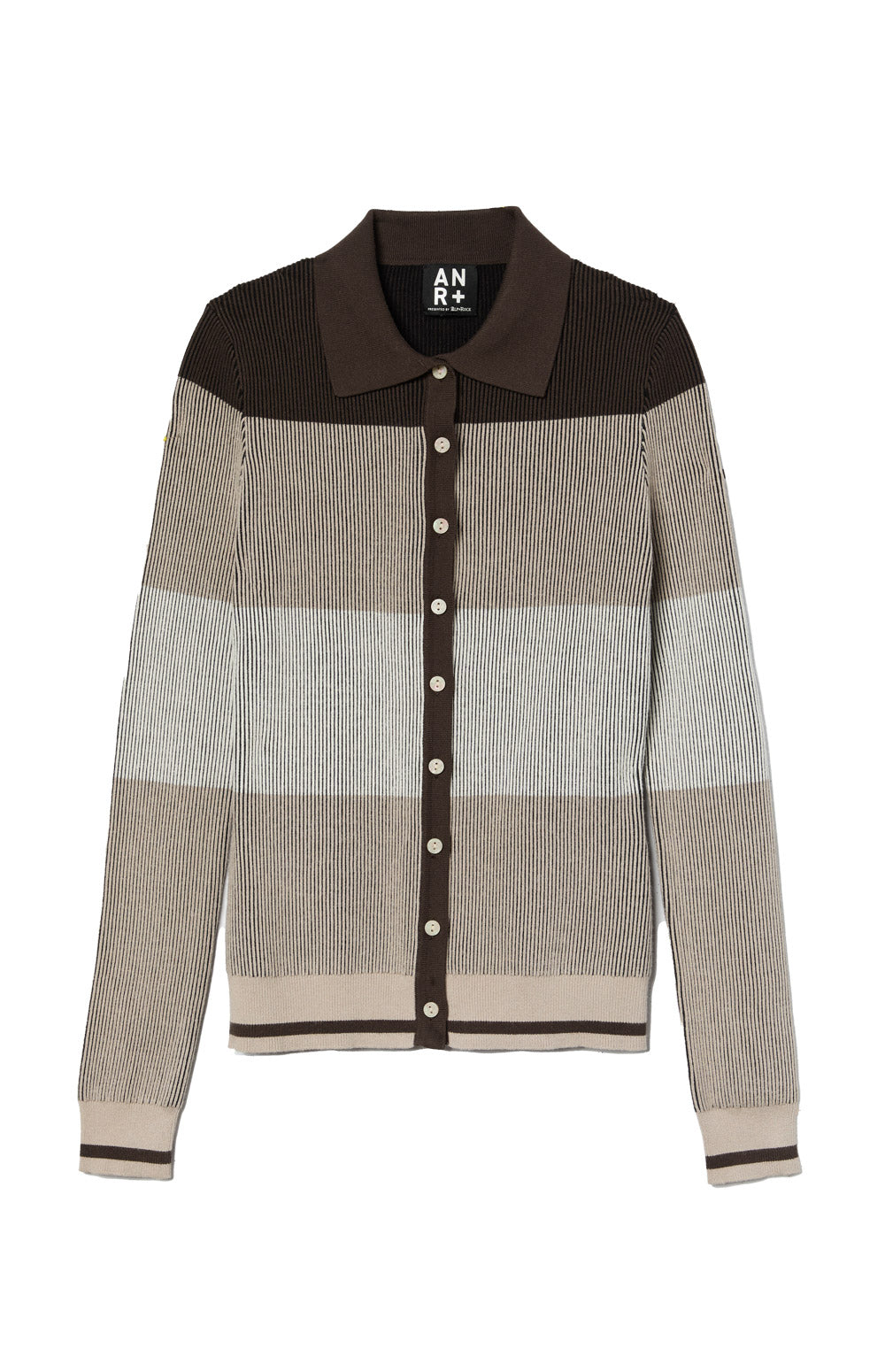 Alp N Rock Suzi Polo Cardigan, dark brown tonal stripe ribbed knit cardigan for women with collar and button front