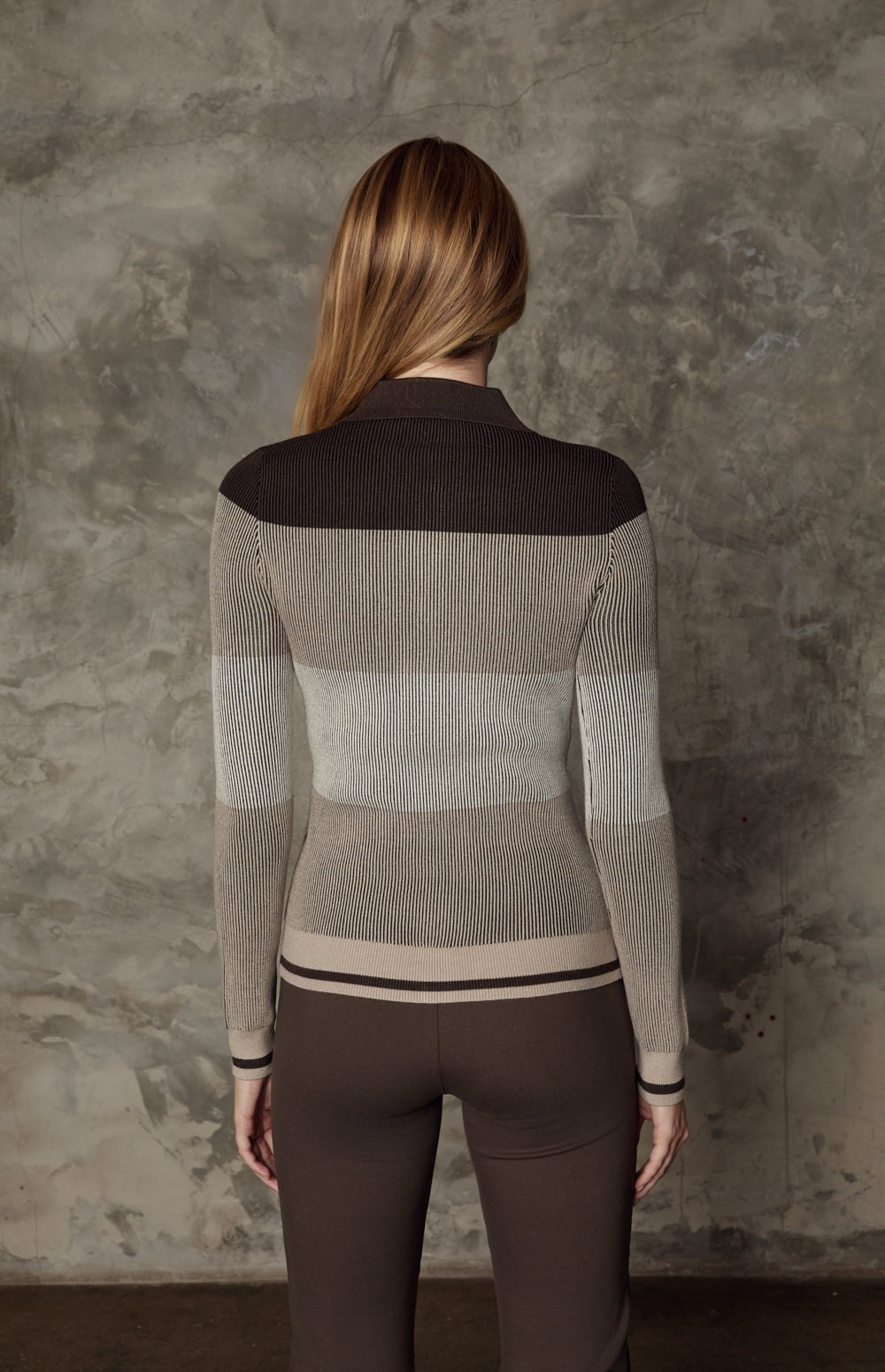 Alp N Rock Suzi Polo Cardigan, dark brown tonal stripe ribbed knit cardigan for women with collar and button front