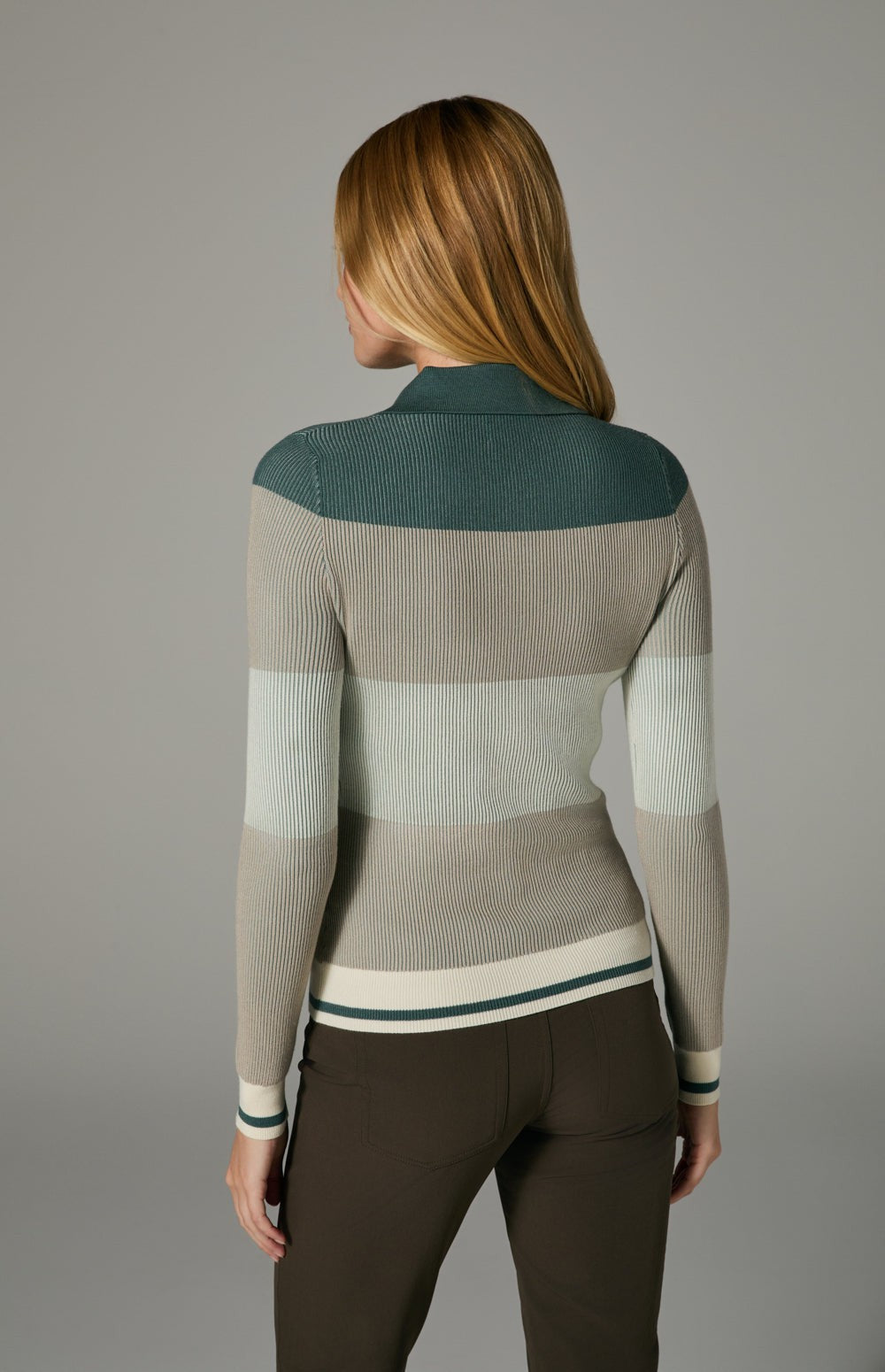 Alp N Rock Suzi Polo Cardigan, green tonal stripe ribbed knit cardigan for women with collar and button front
